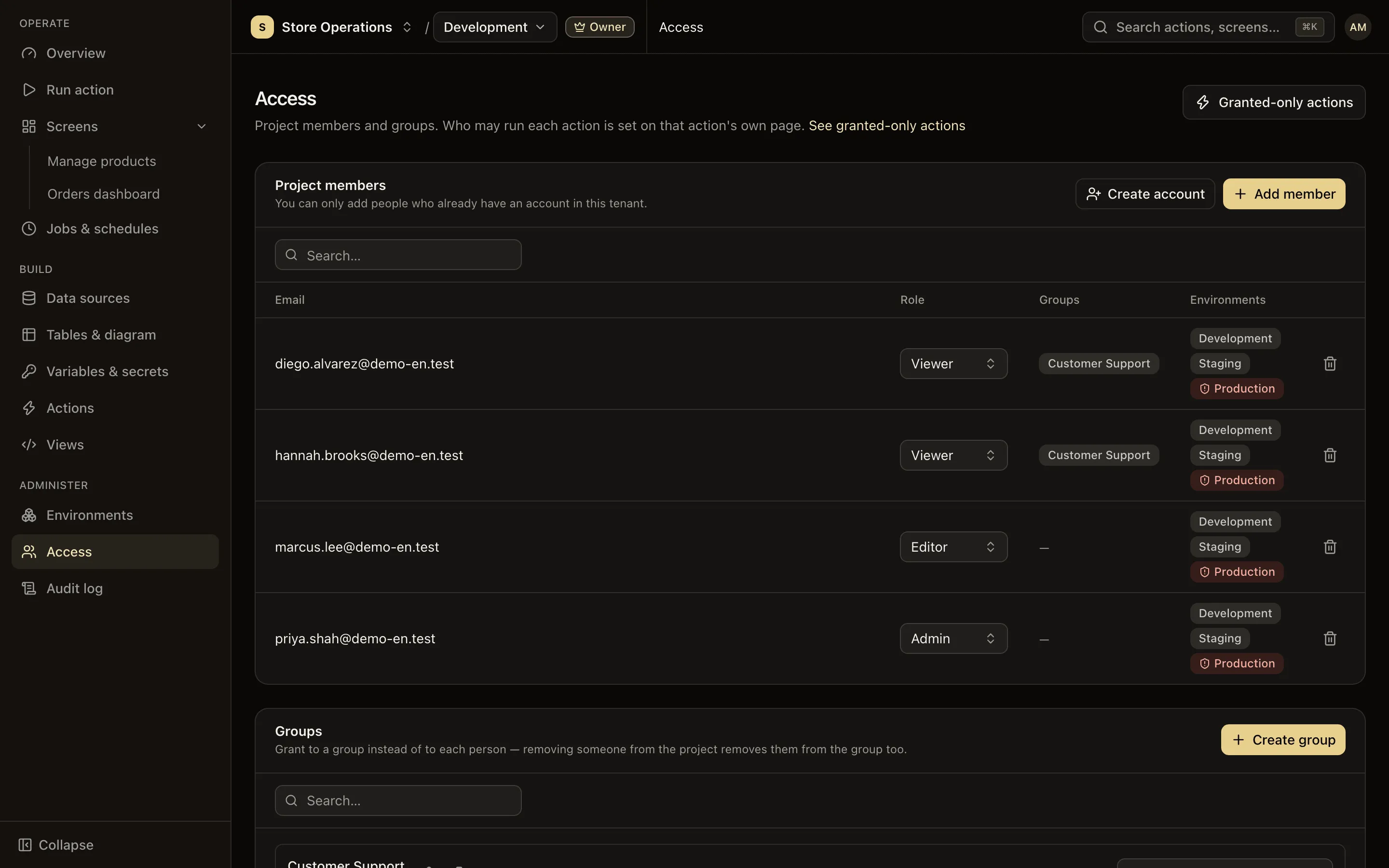 The Access page with members holding admin, editor and viewer roles, and a list of groups