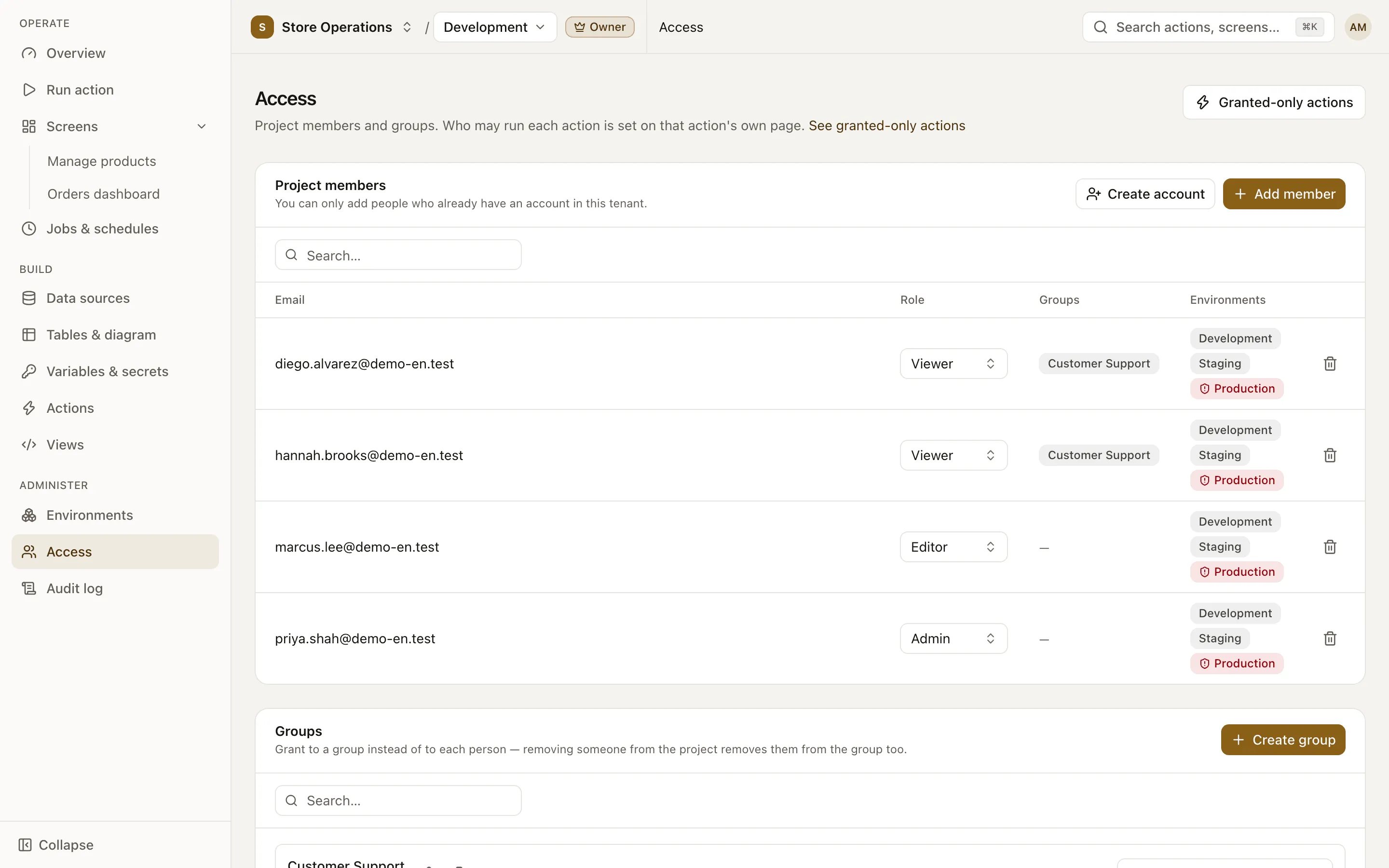 The Access page with members holding admin, editor and viewer roles, and a list of groups