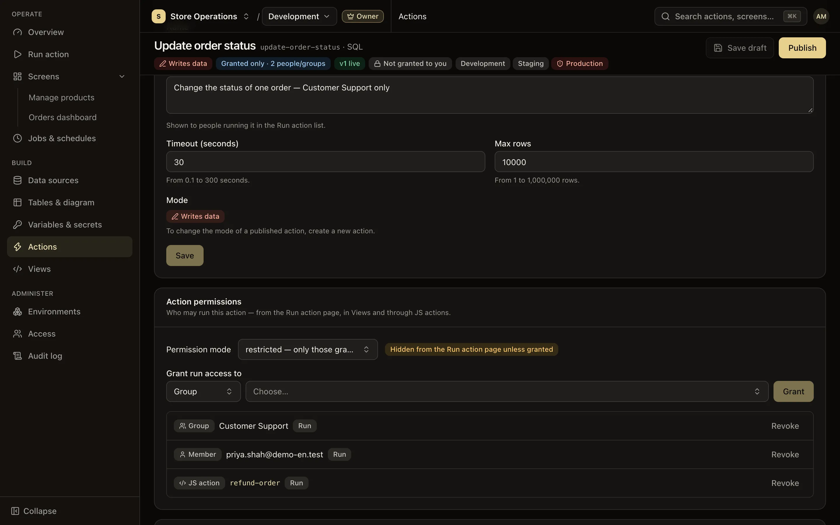 Action permissions card in restricted mode, with a JS action in the grant list