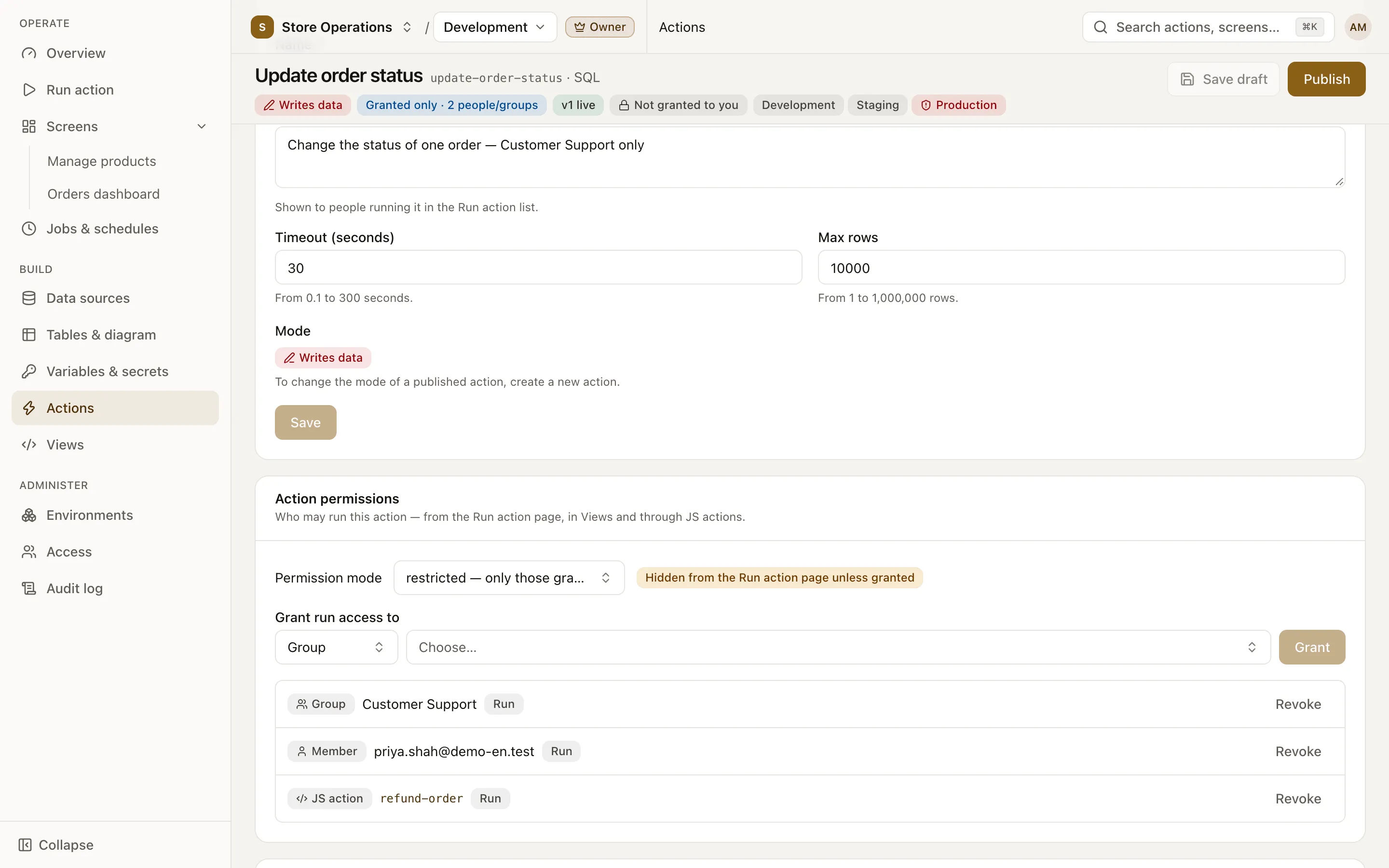 Action permissions card in restricted mode, with a JS action in the grant list