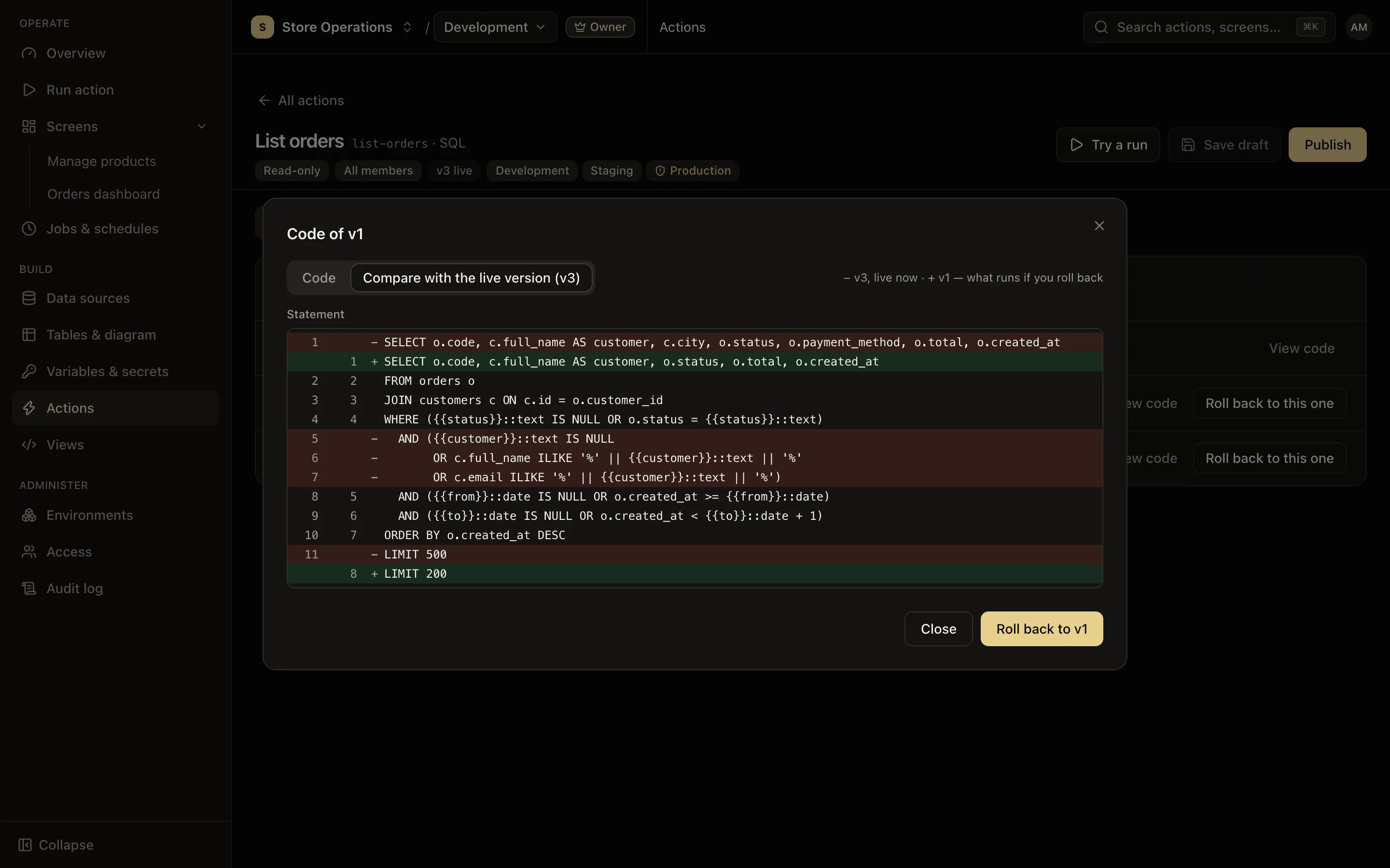 Versions tab of an action: the version history and the comparison with the live version