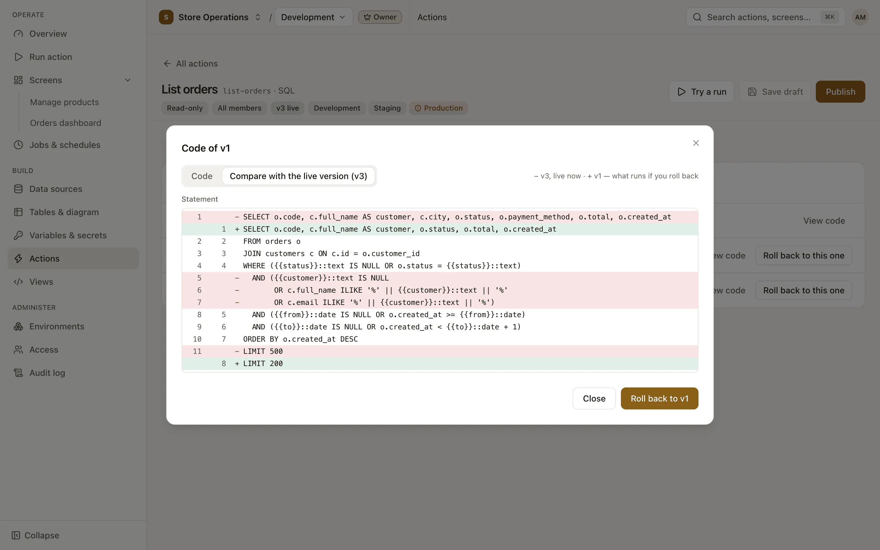 Versions tab of an action: the version history and the comparison with the live version