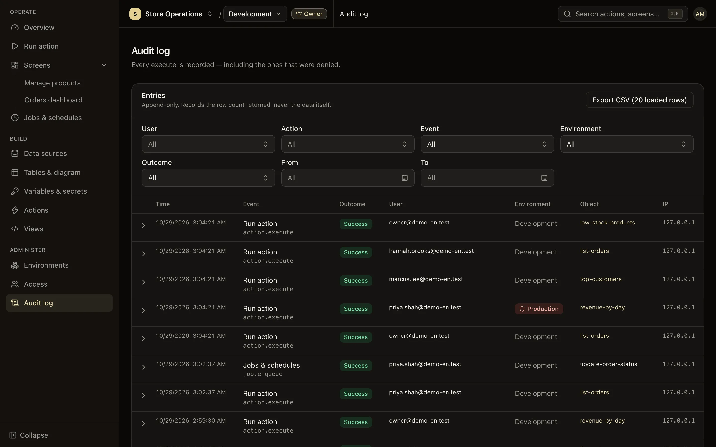 Audit log page: a list of events with user, event, environment, outcome and date filters