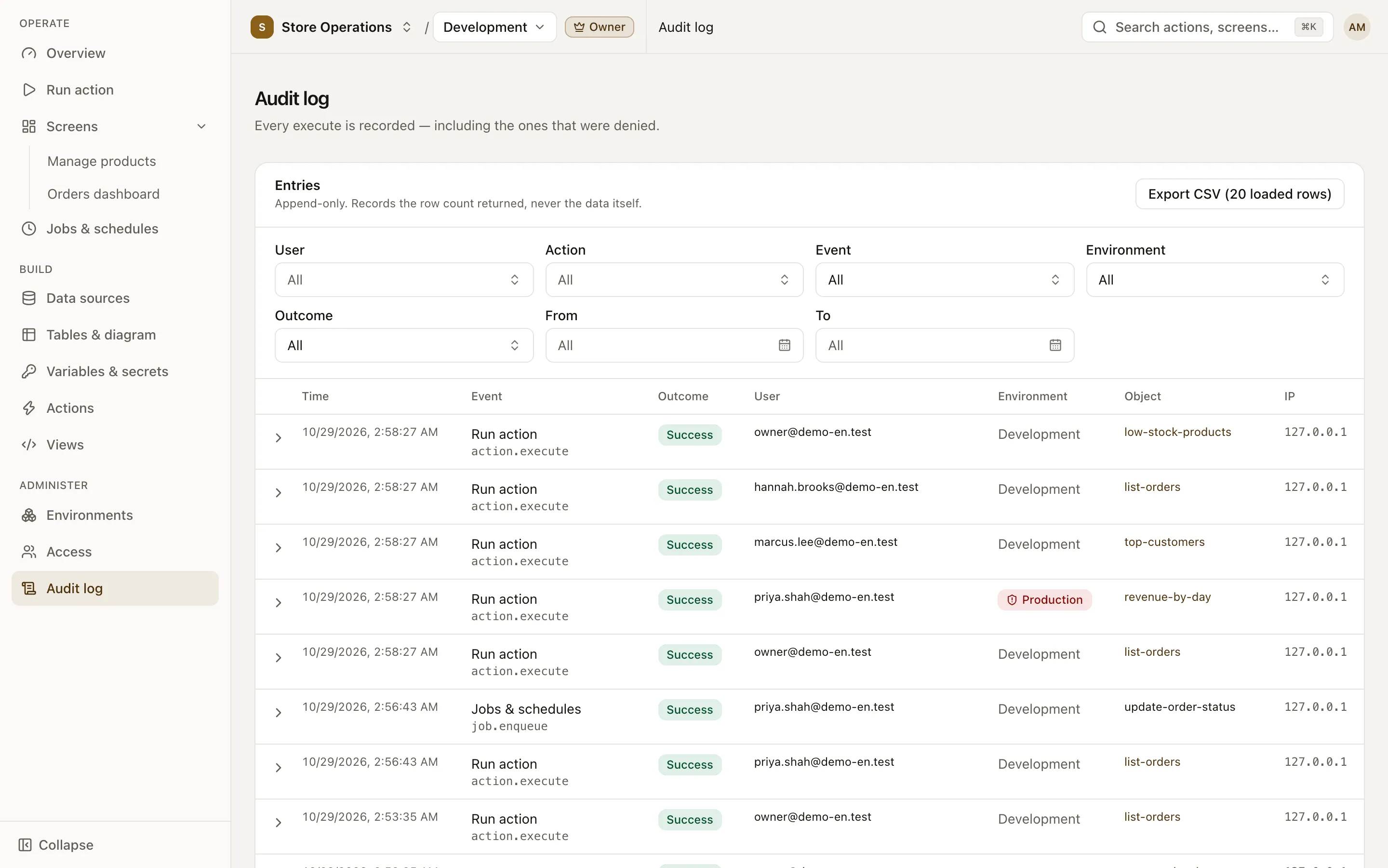 Audit log page: a list of events with user, event, environment, outcome and date filters