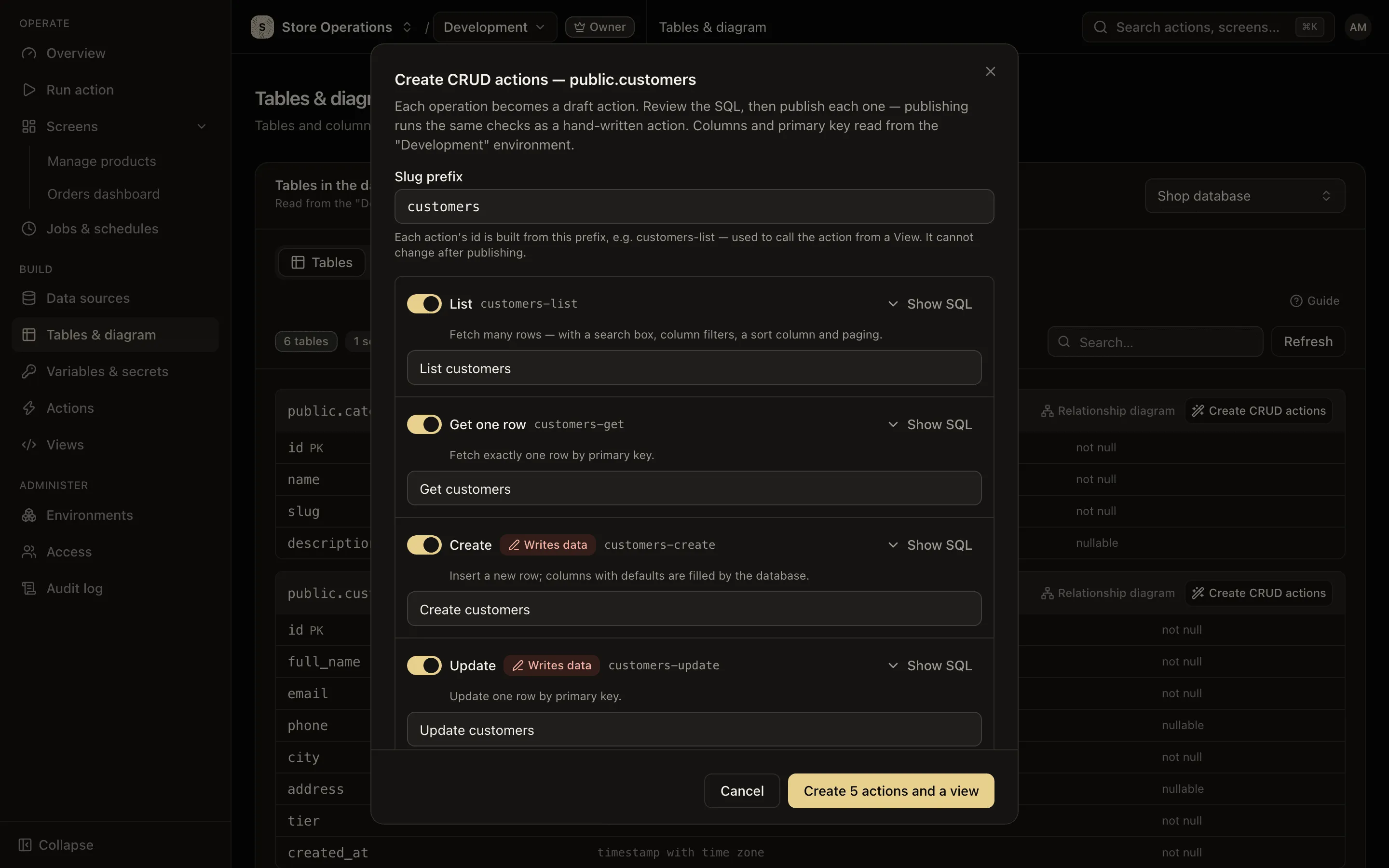 Create CRUD actions dialog for a table: slug prefix, operations, environments, who can run them and the view option