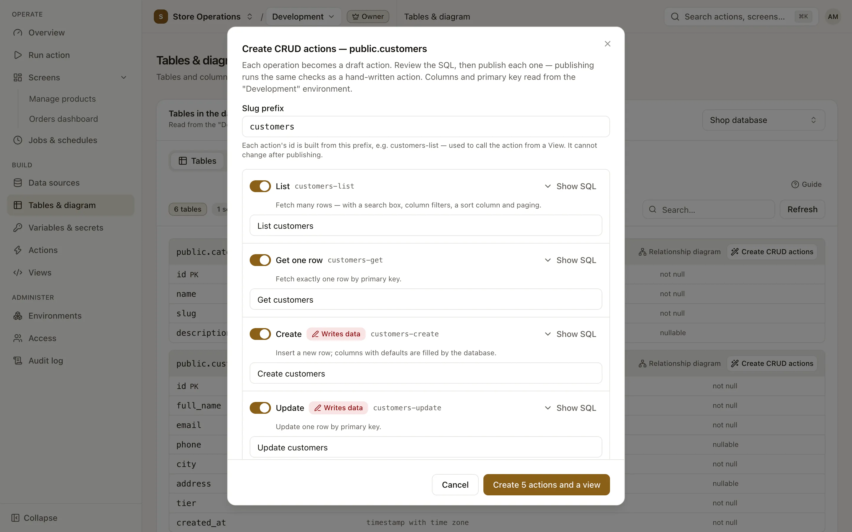 Create CRUD actions dialog for a table: slug prefix, operations, environments, who can run them and the view option