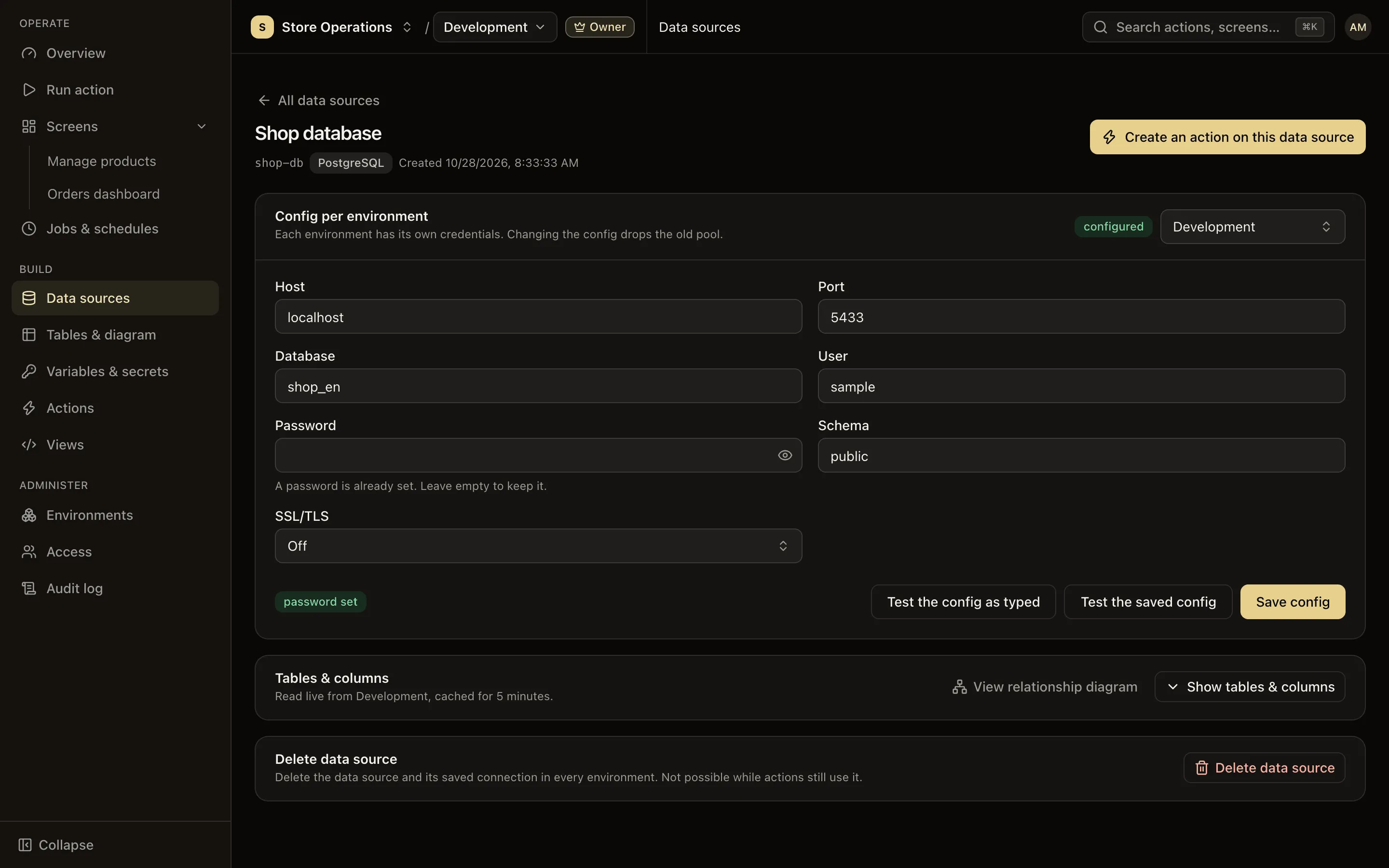 Data source detail page, Config per environment card with Host, Port, Database, User; the Password field only says a password is set