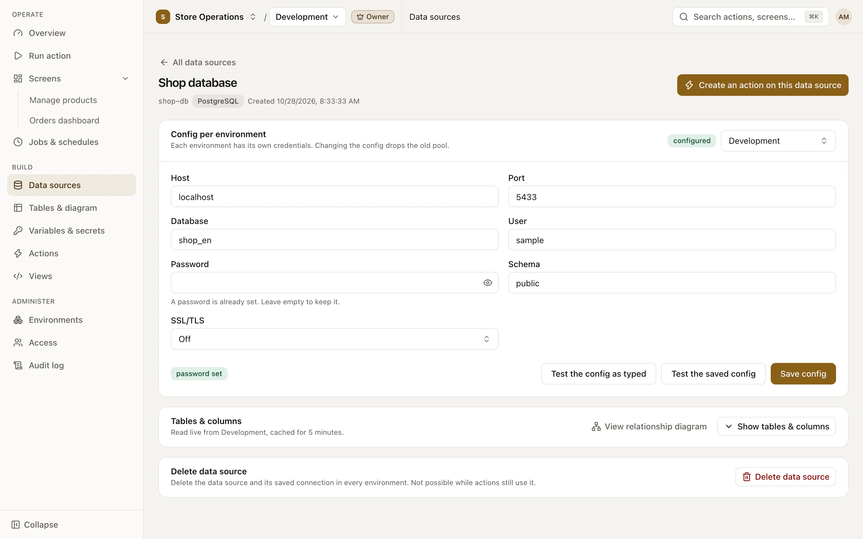 Data source detail page, Config per environment card with Host, Port, Database, User; the Password field only says a password is set