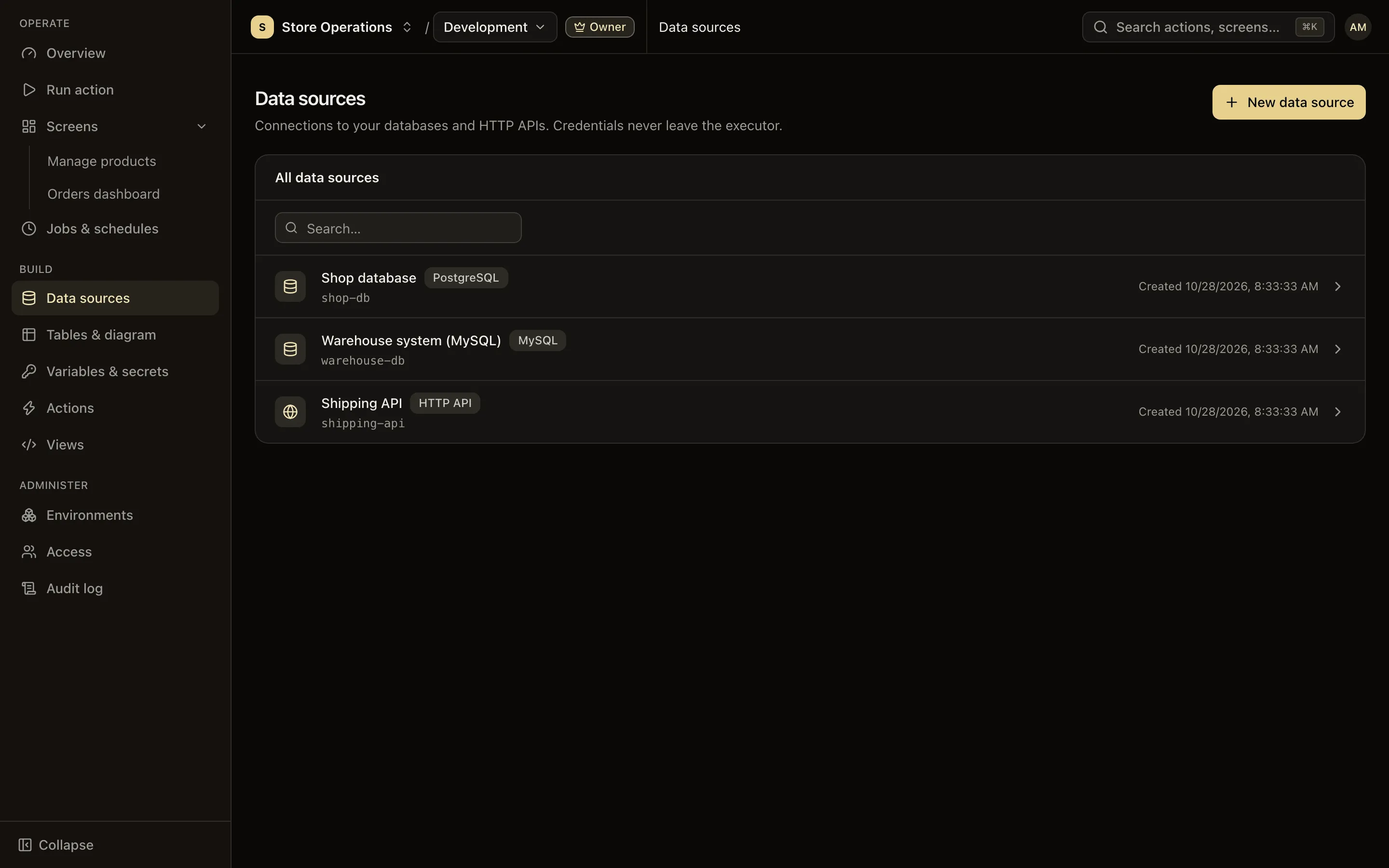 The project's data source list, each row showing a name, slug and kind: PostgreSQL, MySQL or HTTP API