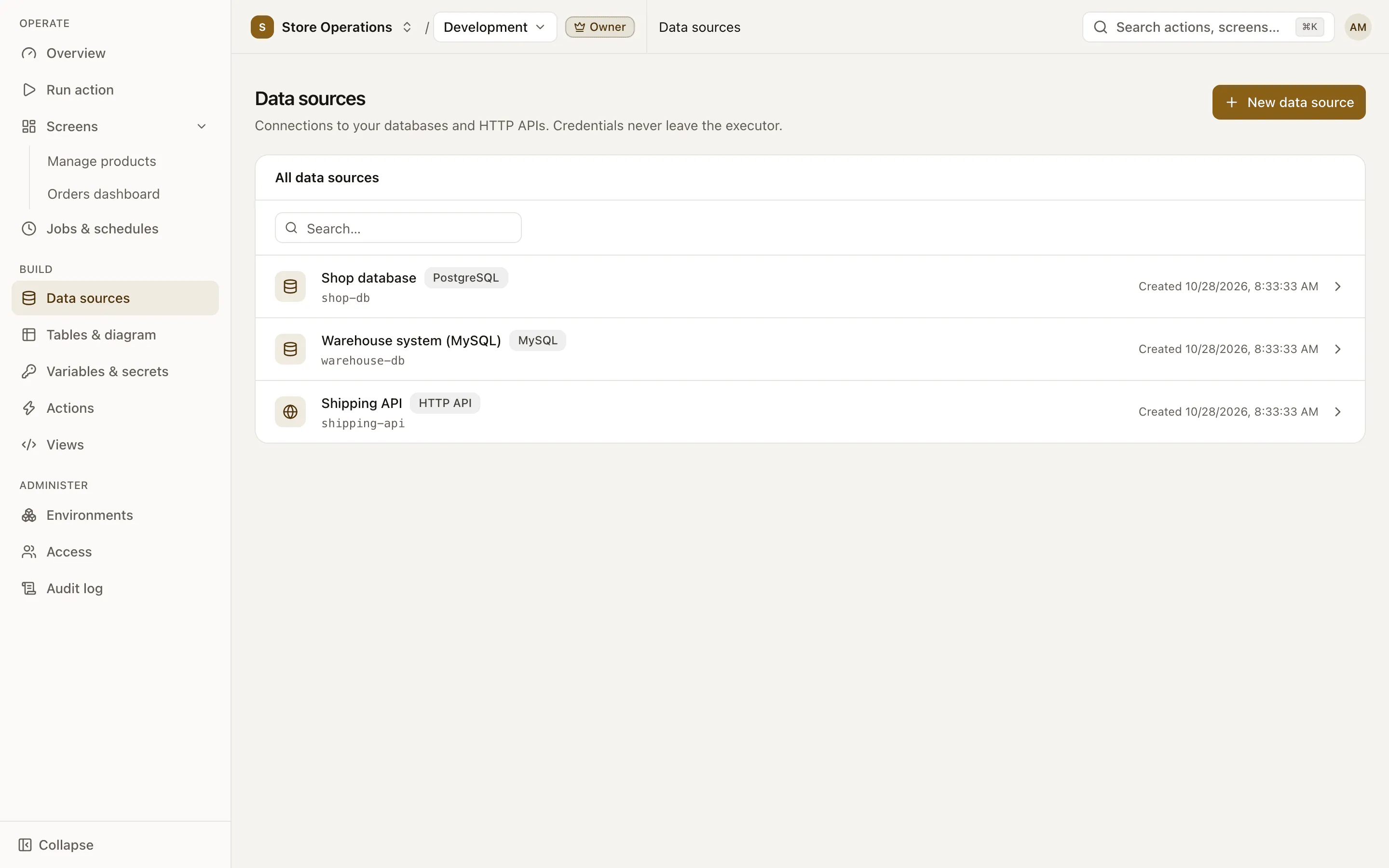 The project's data source list, each row showing a name, slug and kind: PostgreSQL, MySQL or HTTP API