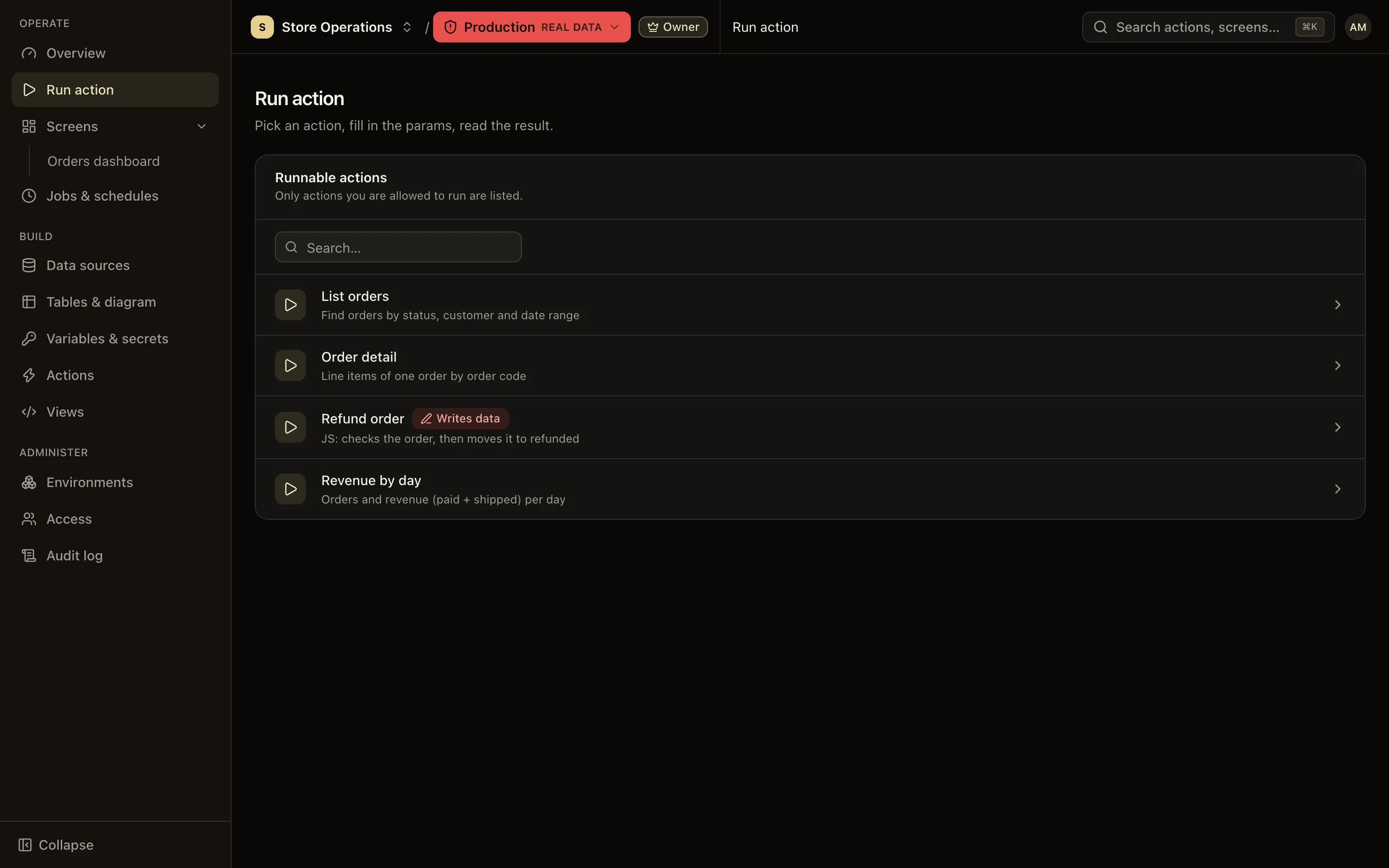 The Run action page with the prod environment selected and a red environment switcher