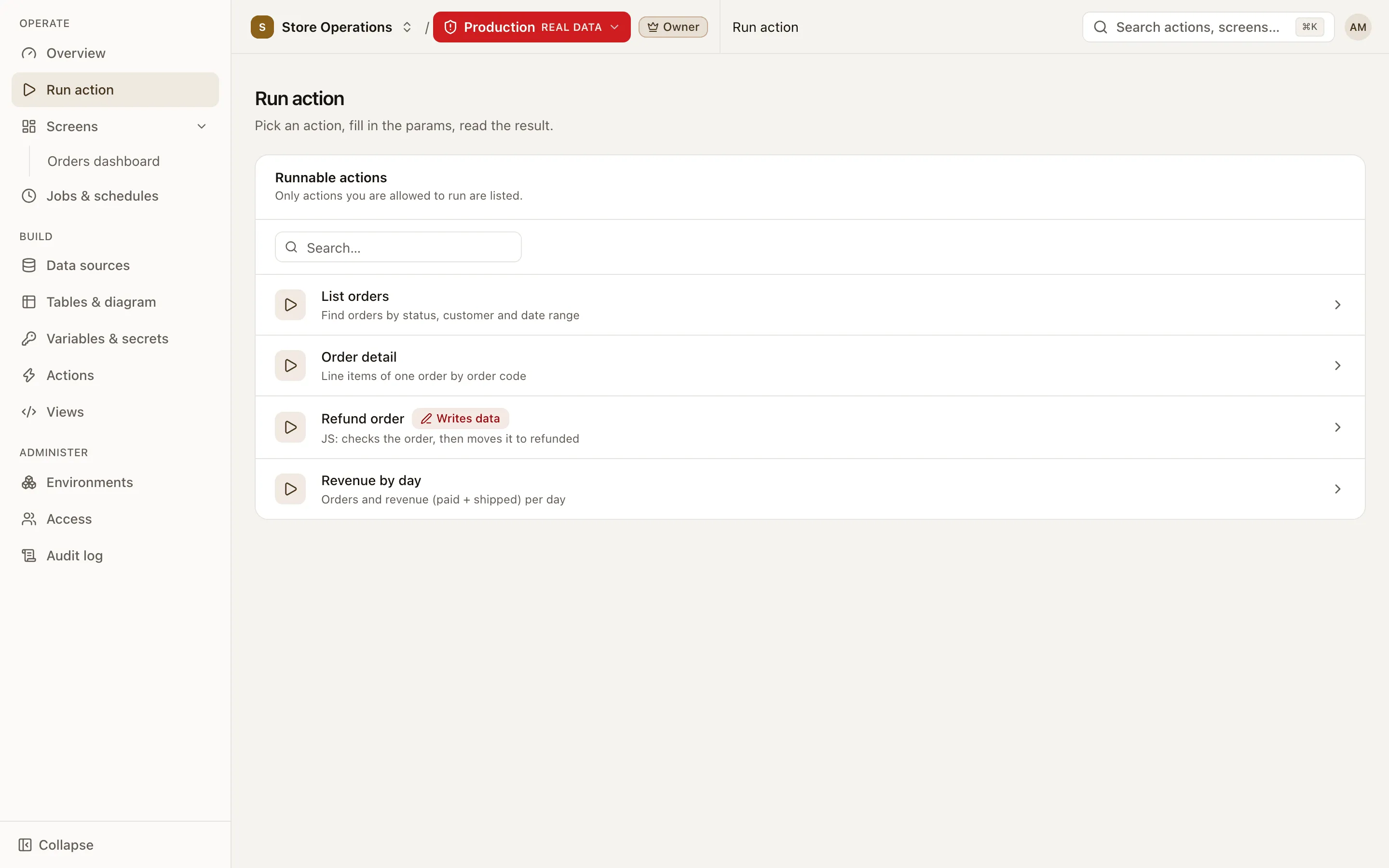 The Run action page with the prod environment selected and a red environment switcher