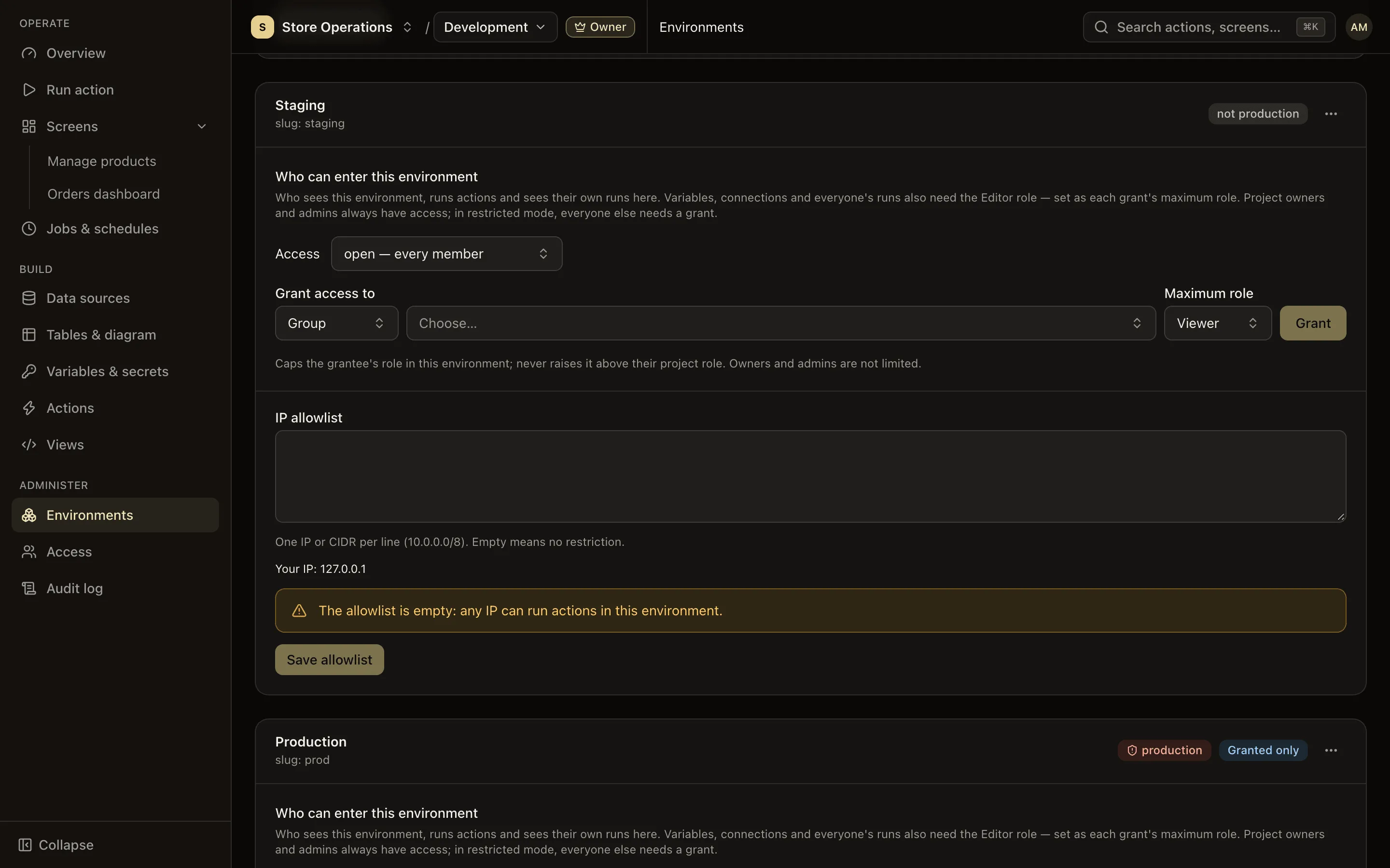 The Environments page with dev, staging and prod, prod marked as production