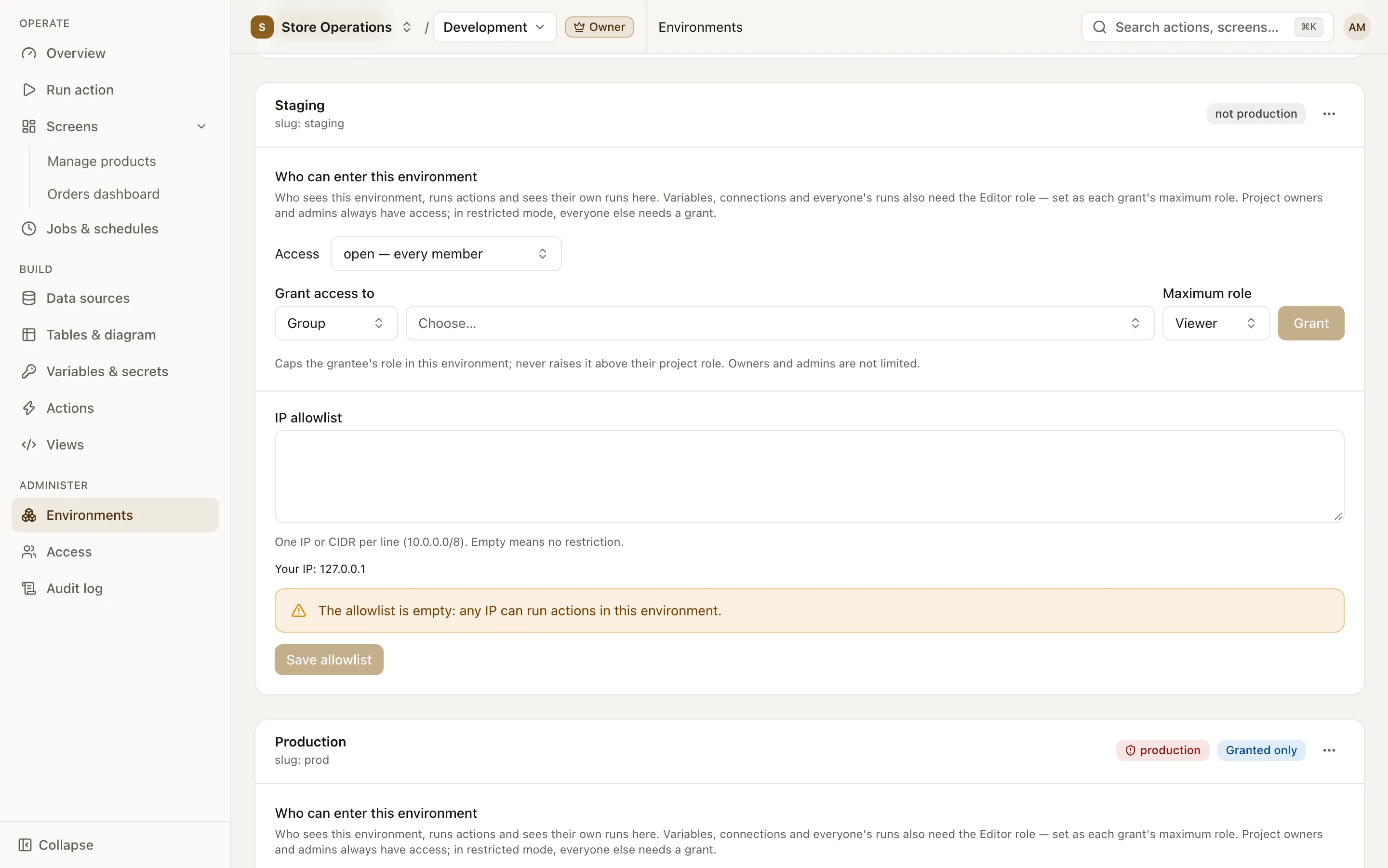The Environments page with dev, staging and prod, prod marked as production