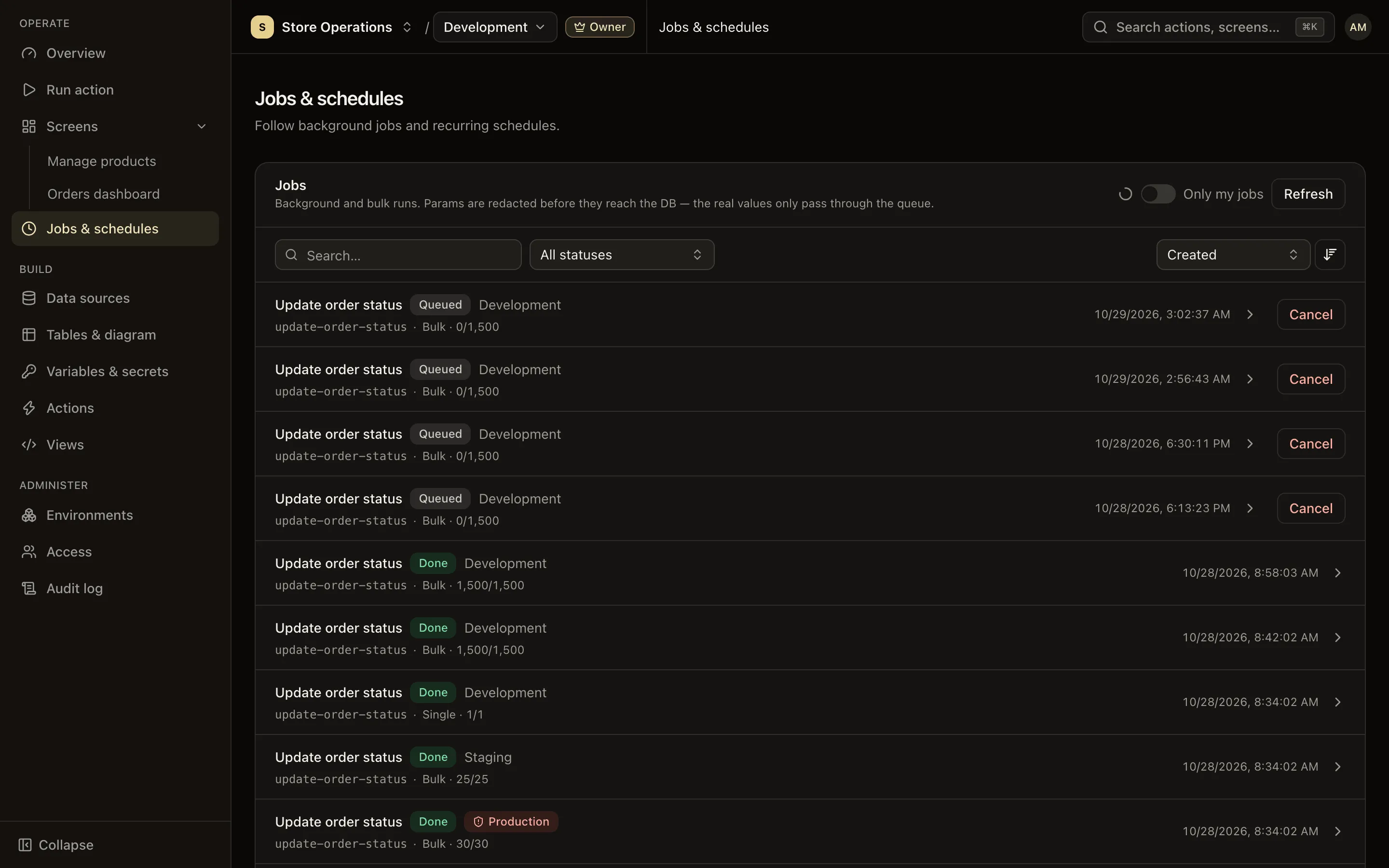 Jobs & schedules page: a list of finished, running and bulk jobs