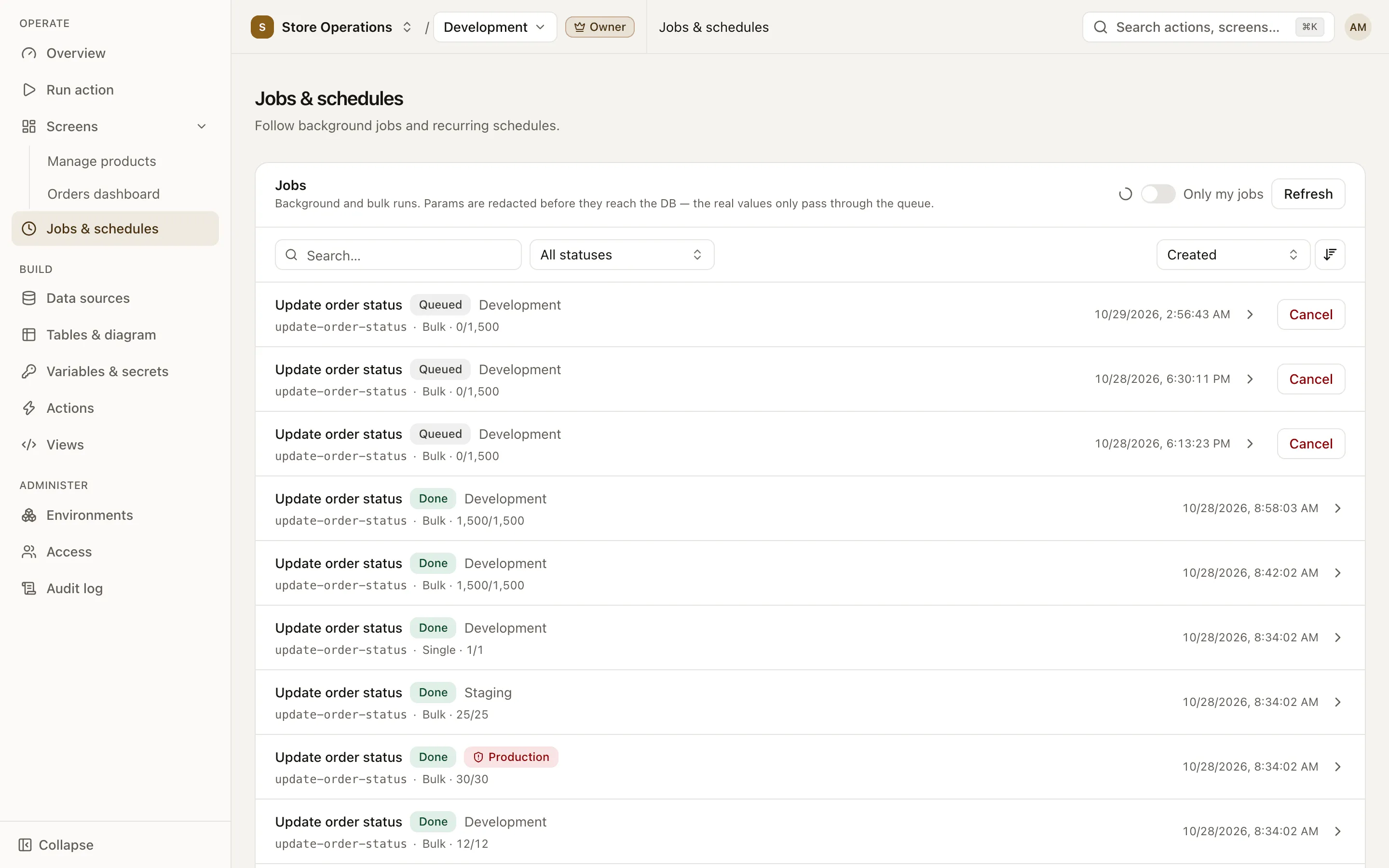 Jobs & schedules page: a list of finished, running and bulk jobs