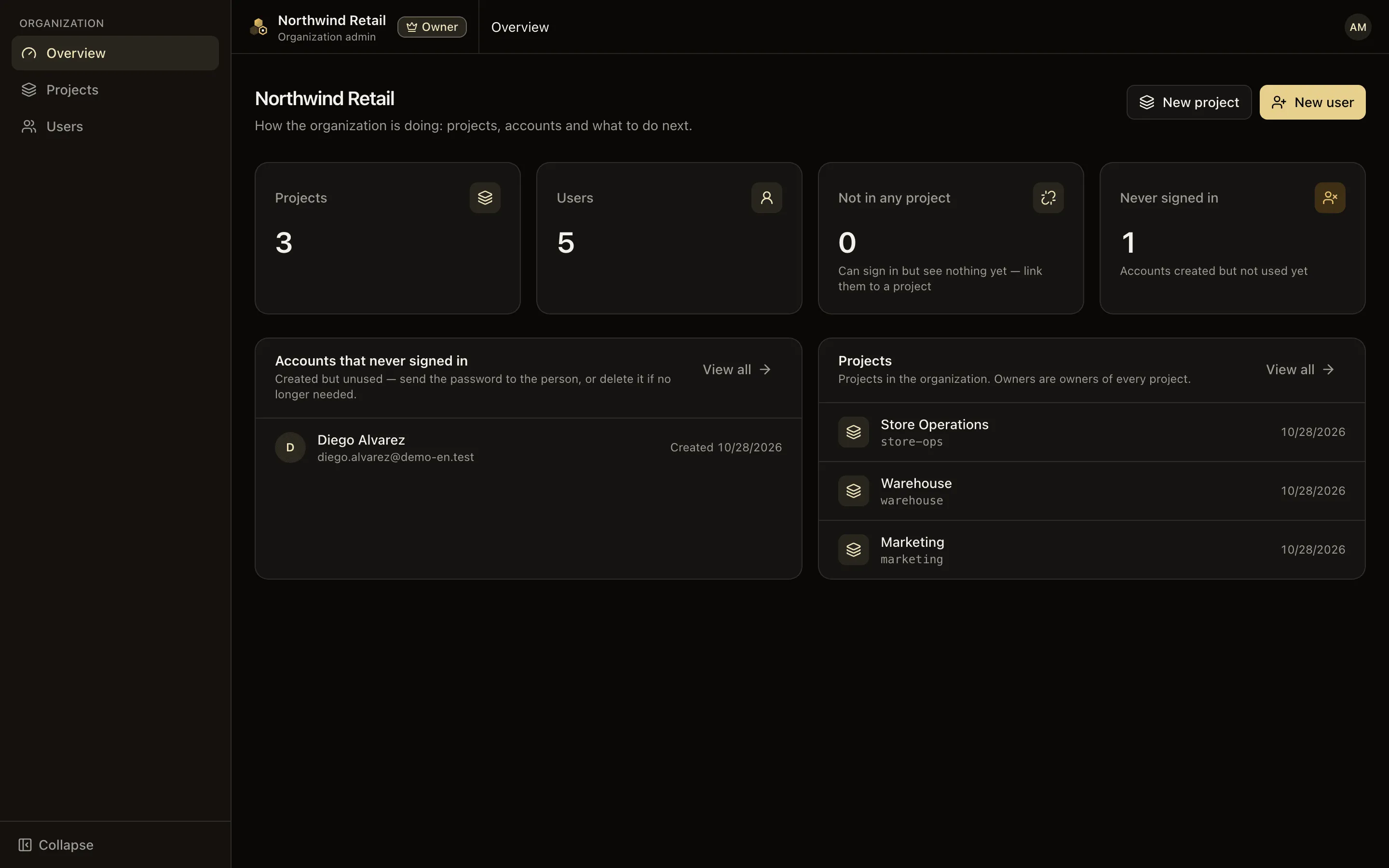 The Organization admin page with four figures and the project list