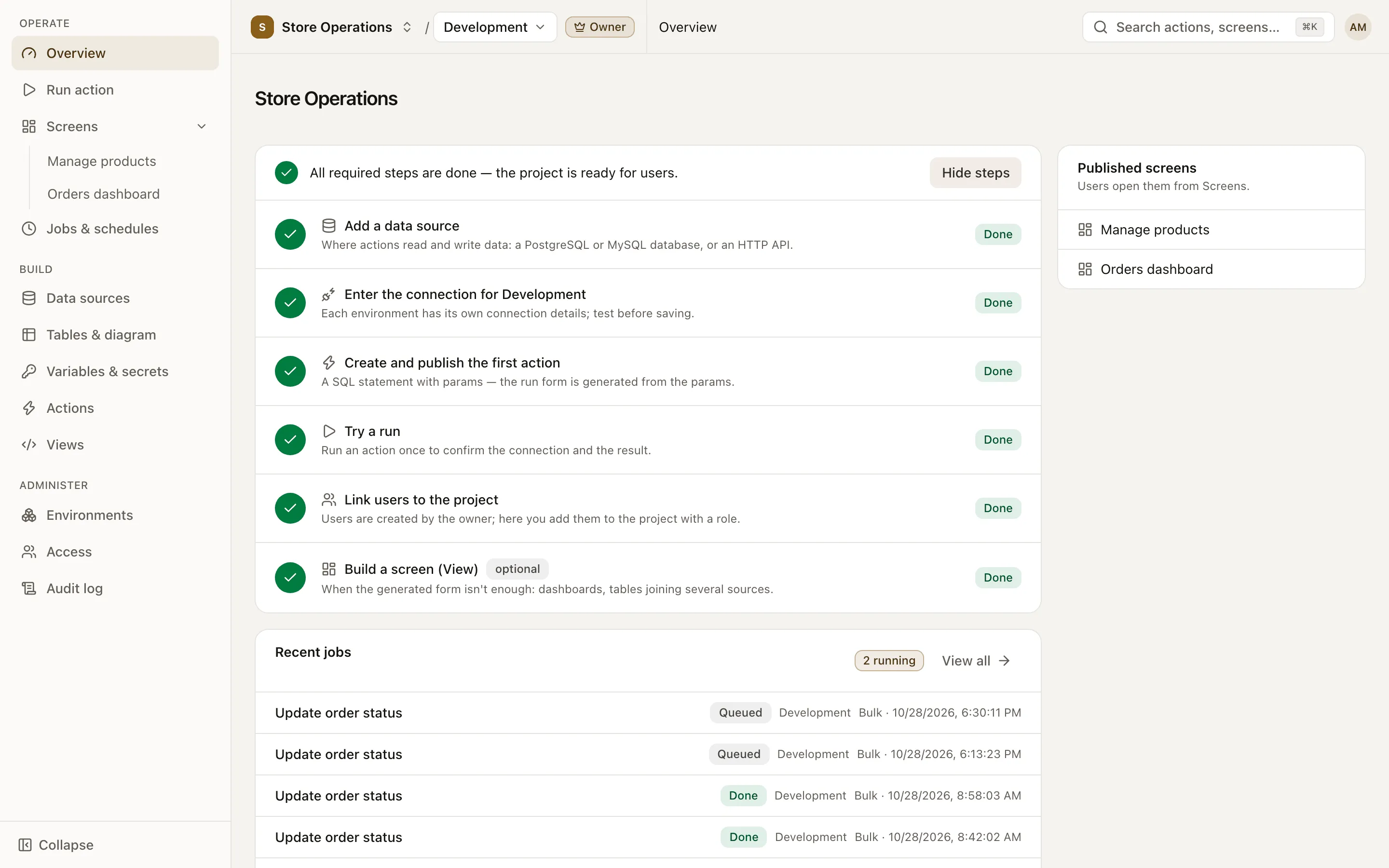 The Overview page with the Project setup checklist, most steps done