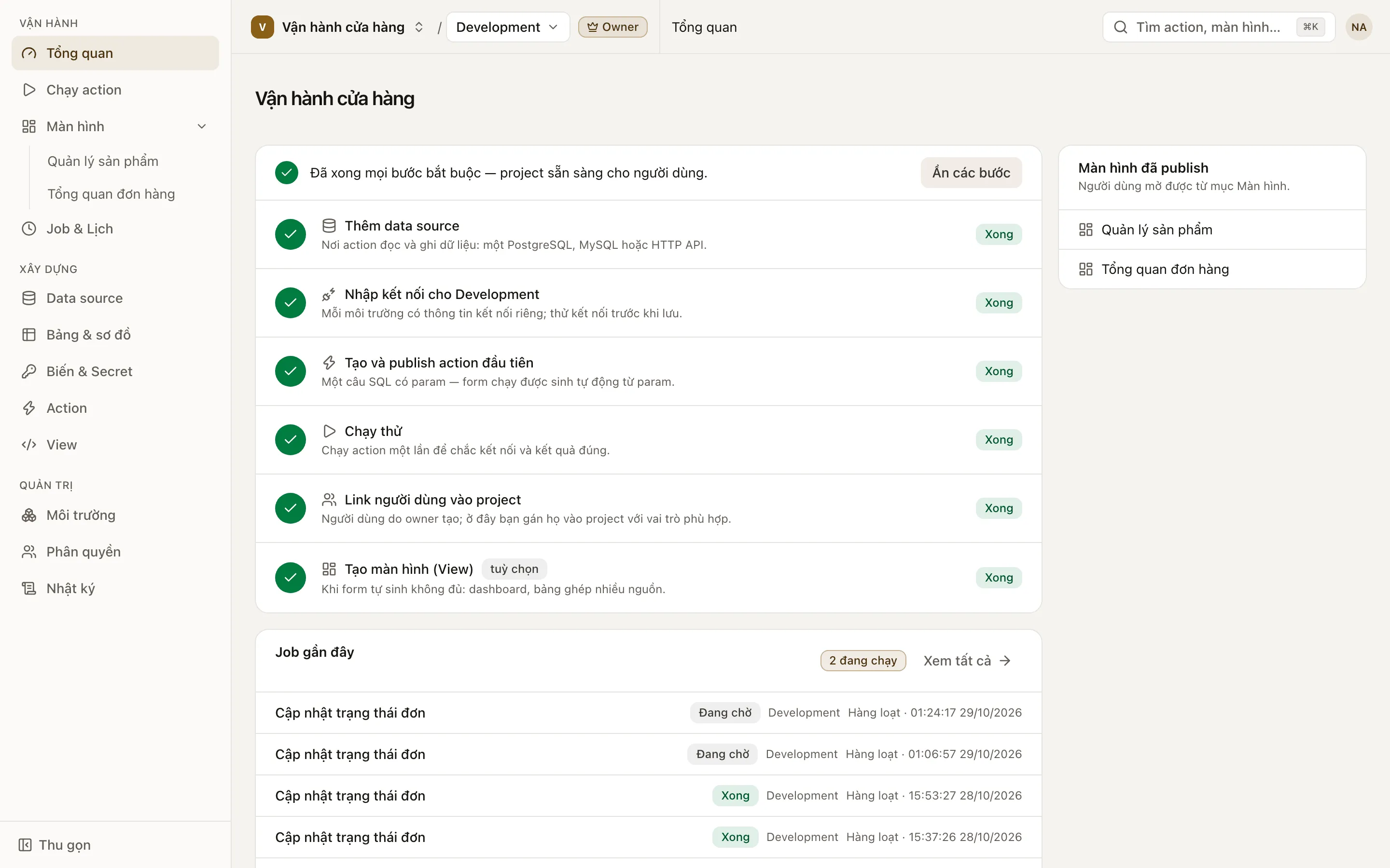 Trang Tổng quan với checklist Thiết lập project, phần lớn các bước đã xong