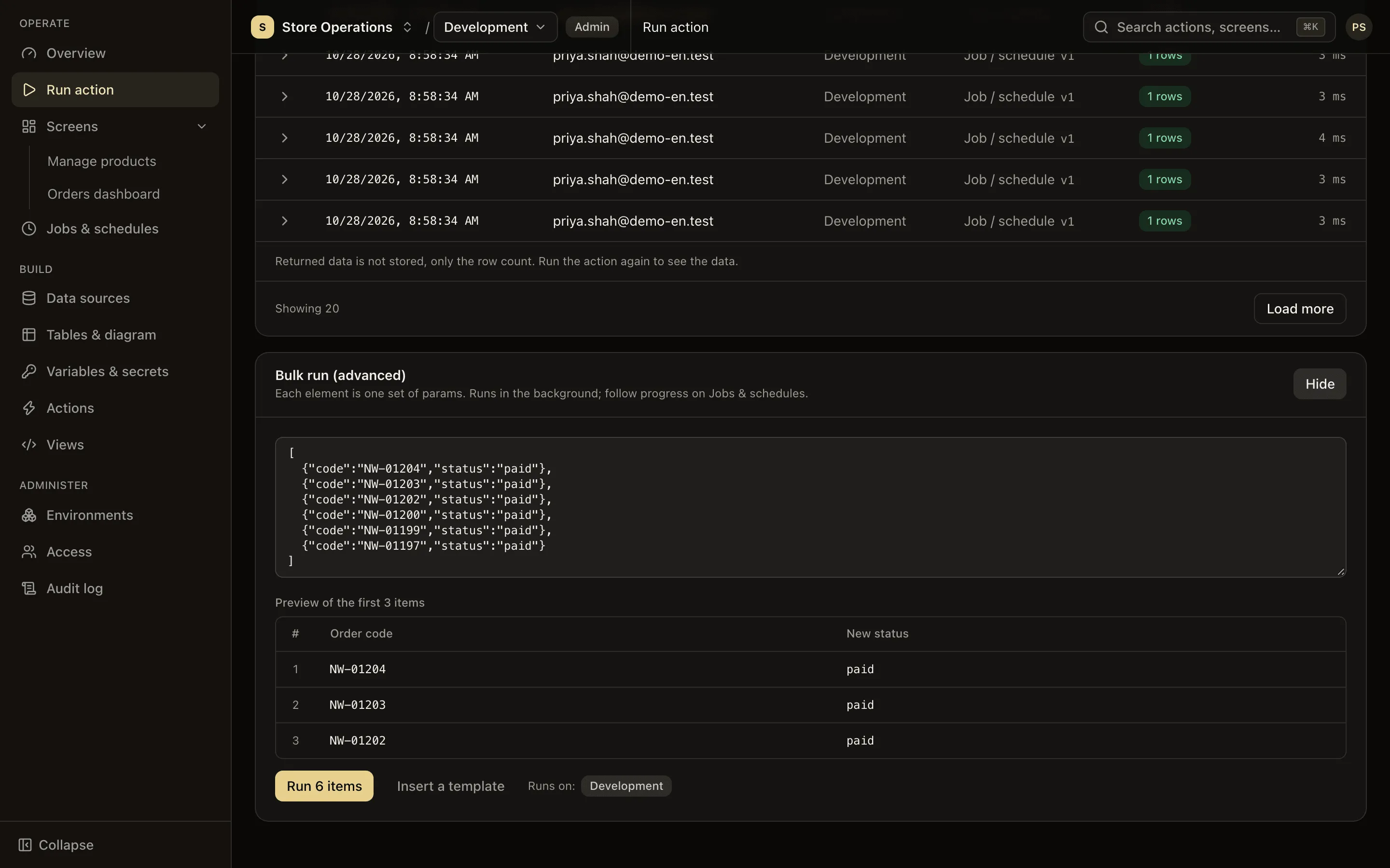 The bulk run panel: a list of parameter sets and a preview before running