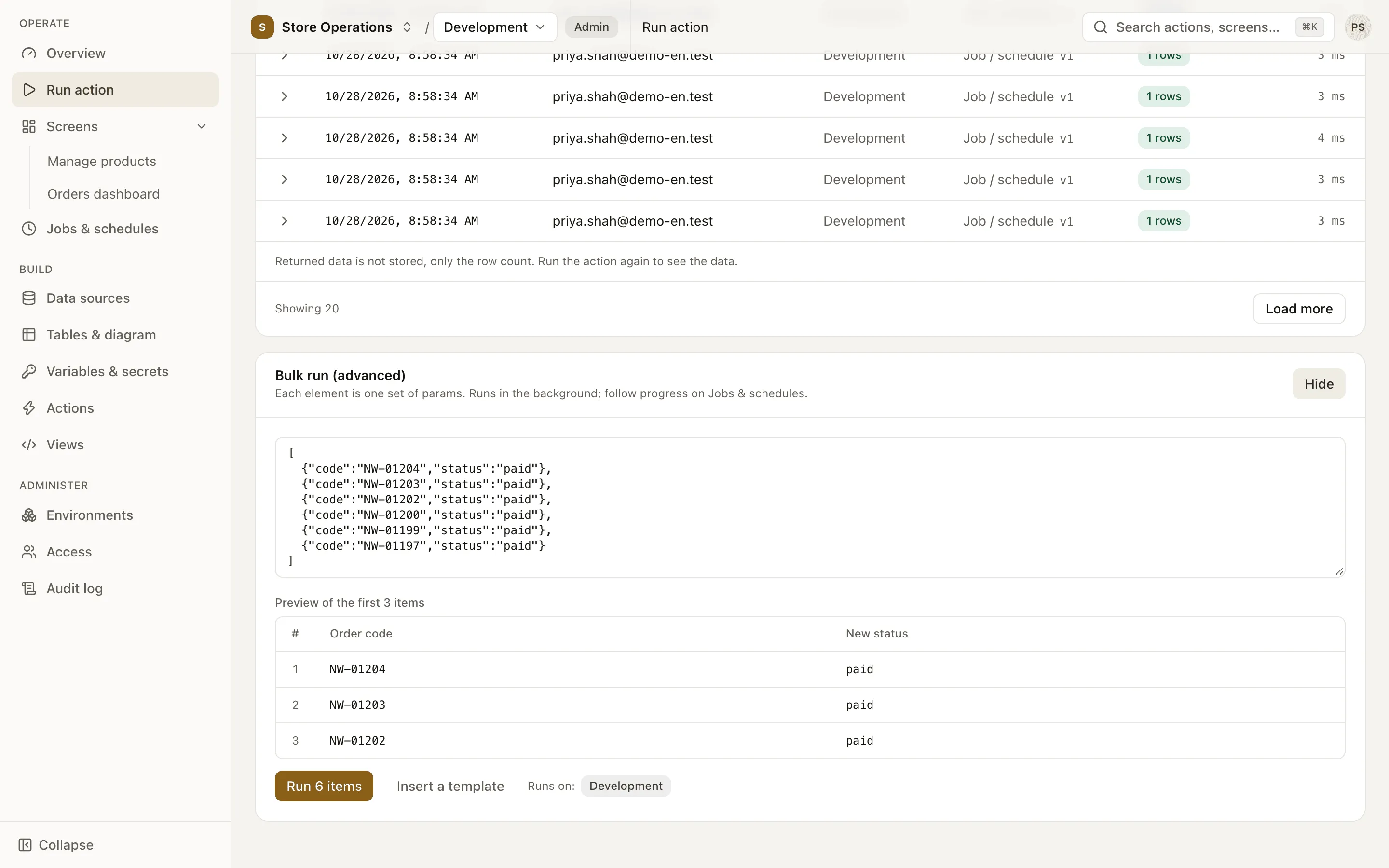 The bulk run panel: a list of parameter sets and a preview before running