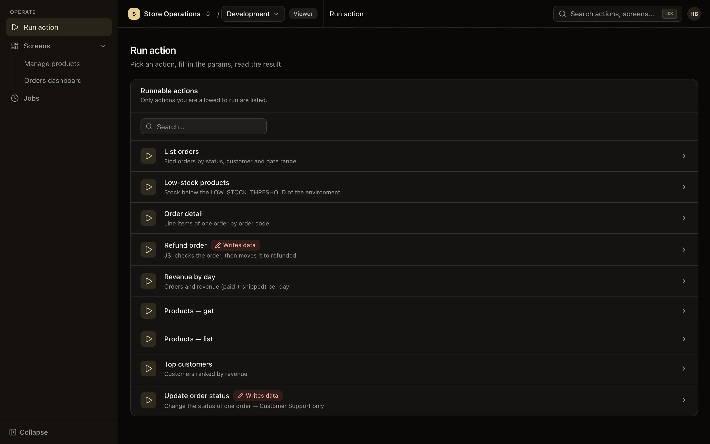 Run action page: the list of actions you may run in the selected environment