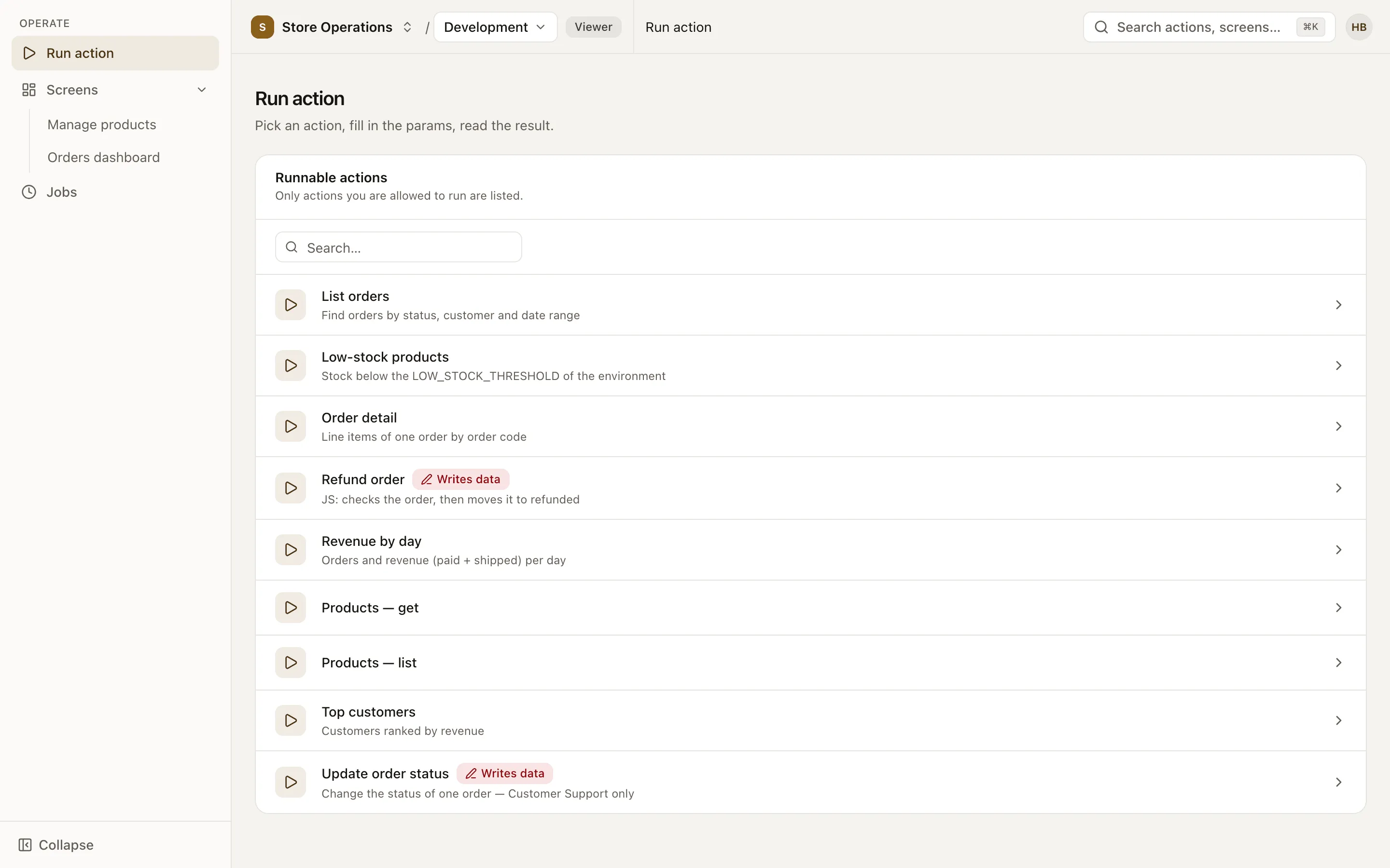 Run action page: the list of actions you may run in the selected environment