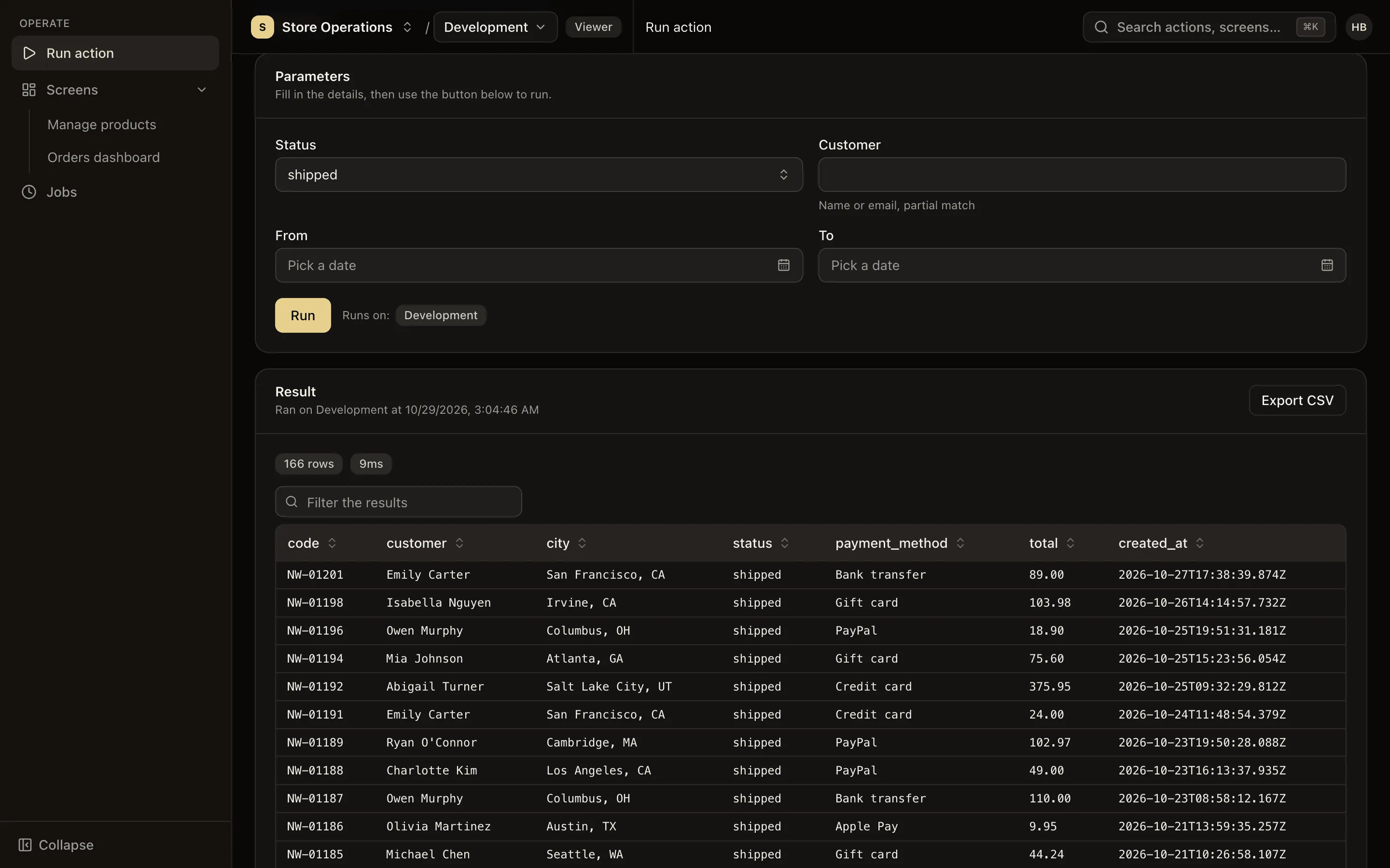The Run action page with a parameter form and a multi-row result table