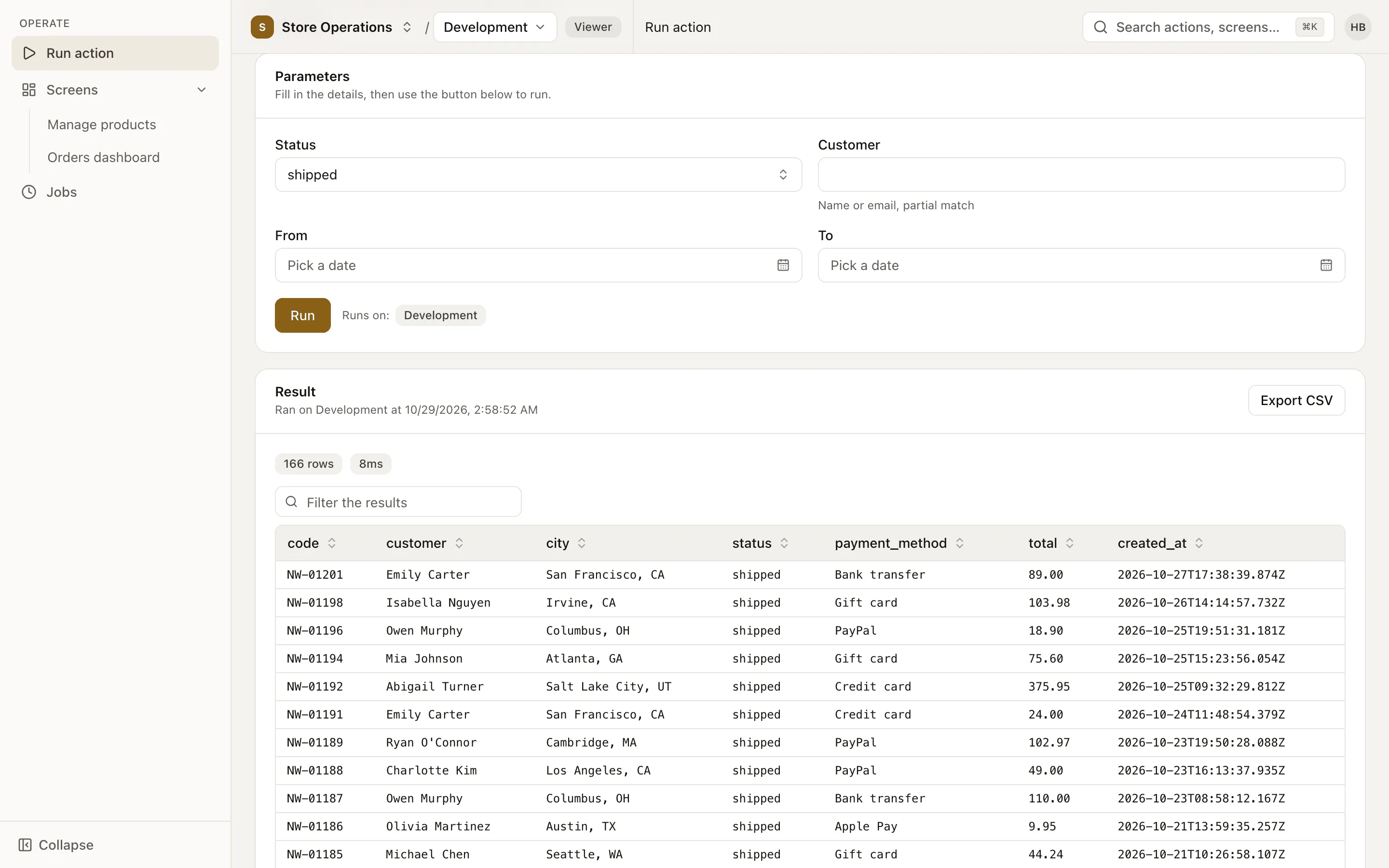 The Run action page with a parameter form and a multi-row result table