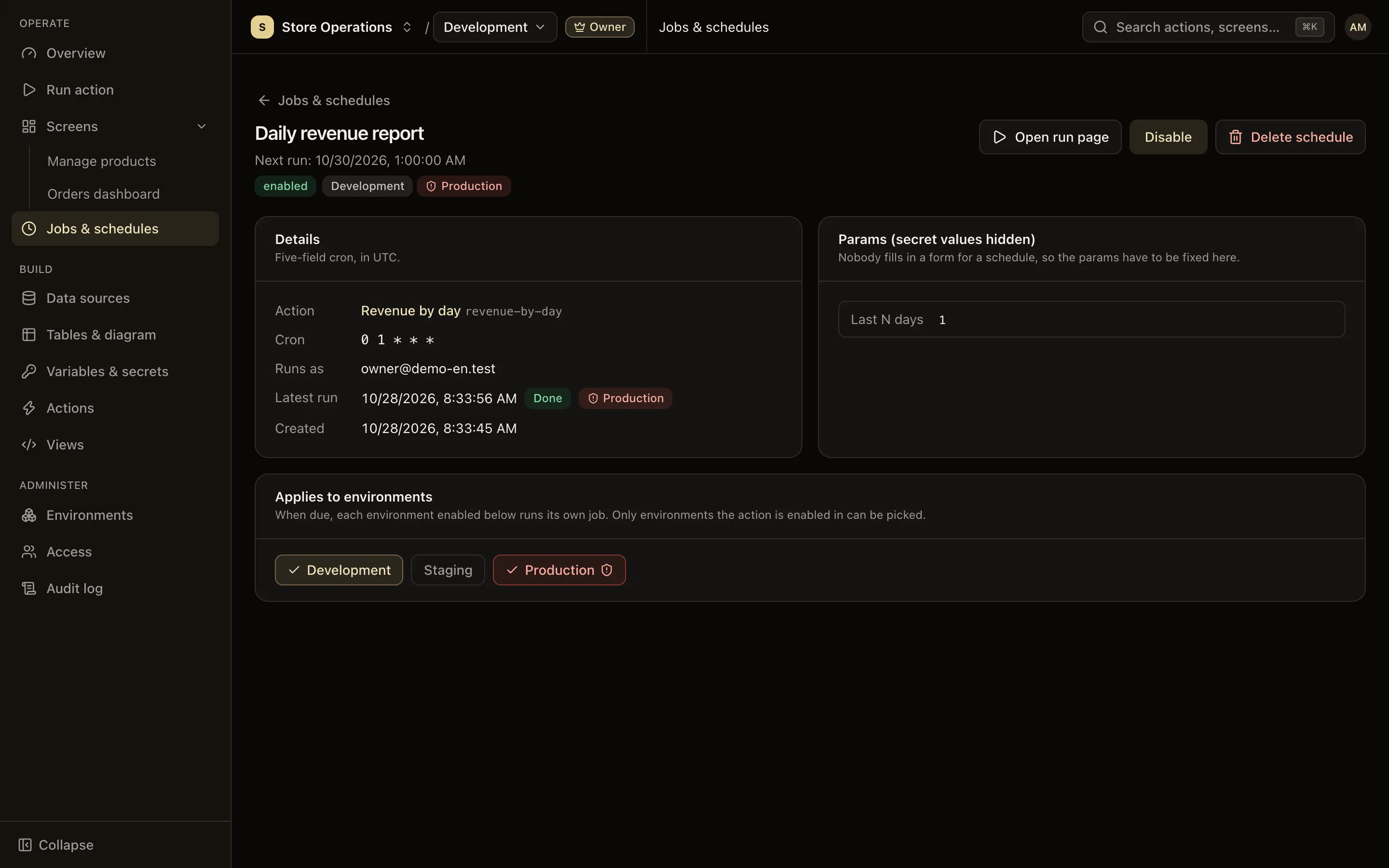 Schedule detail page: cron, run-as user, environments and next run