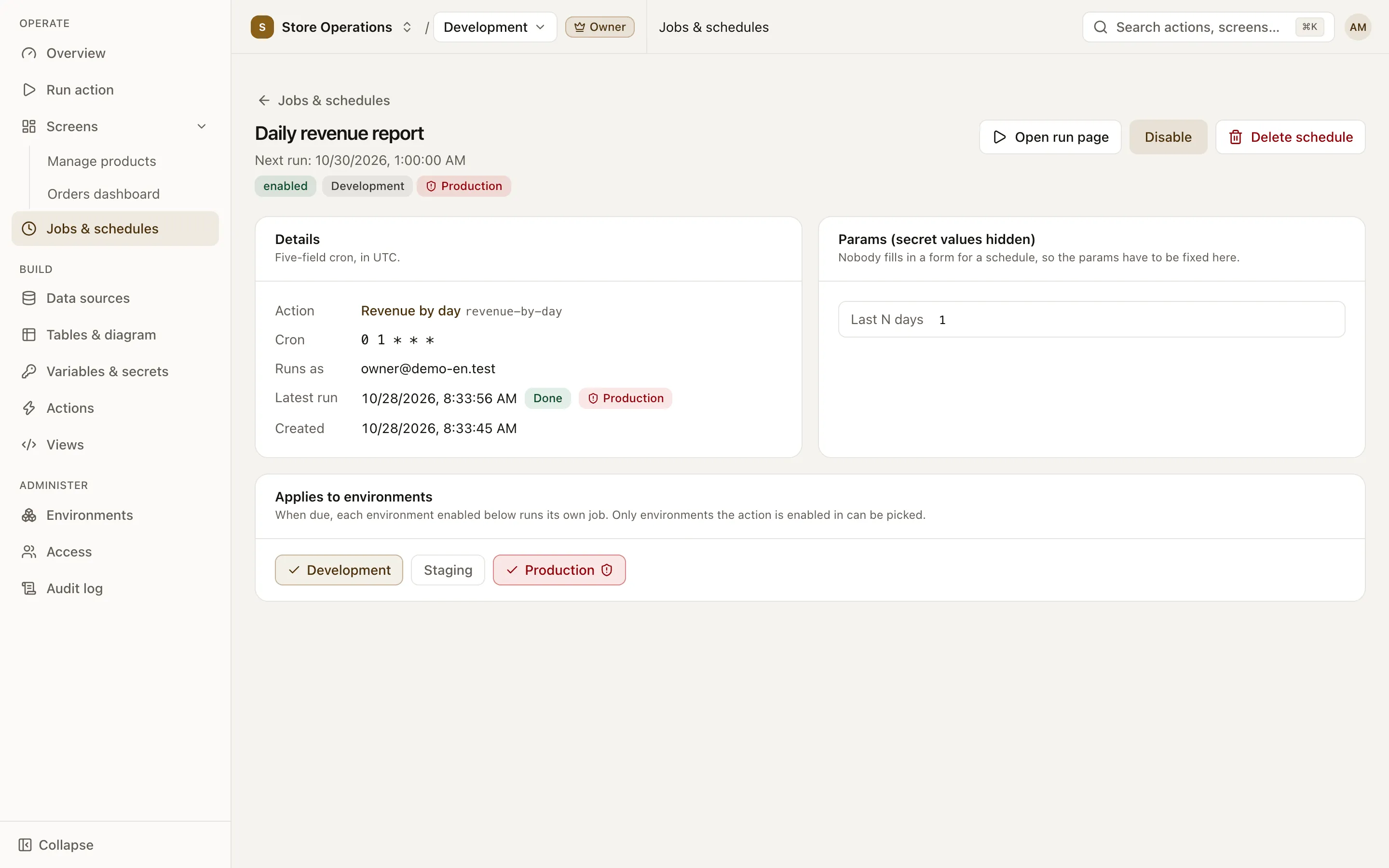Schedule detail page: cron, run-as user, environments and next run