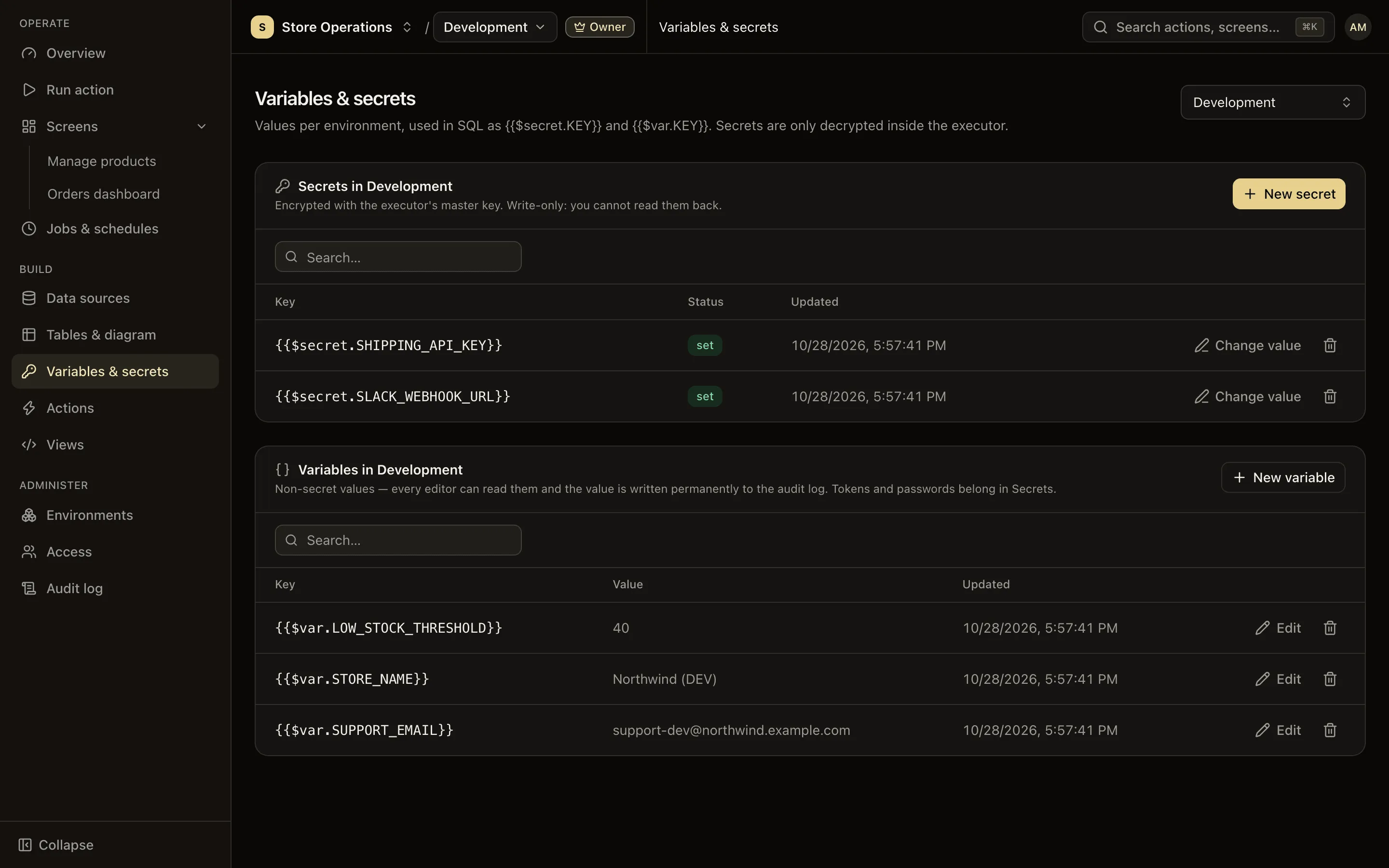 Variables & secrets page: the variables table and the secrets table of the selected environment