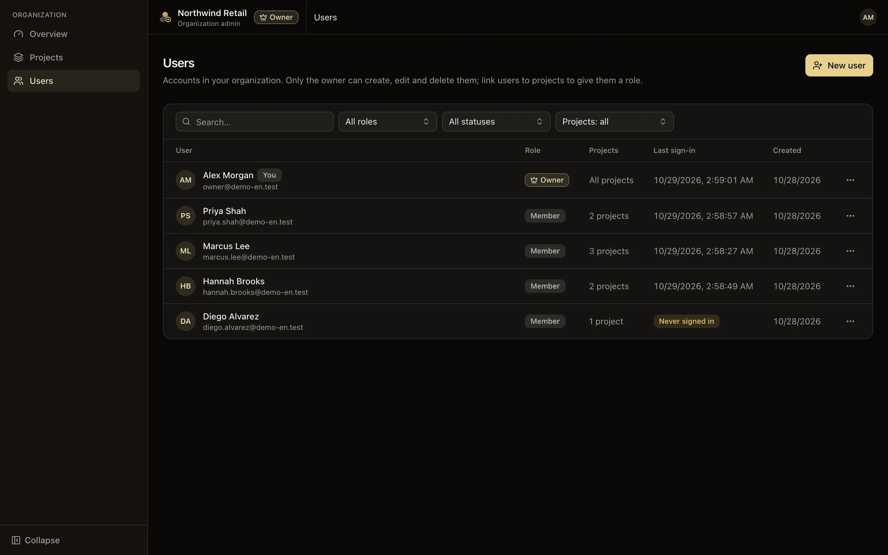 The user list with roles, project counts and last sign-in