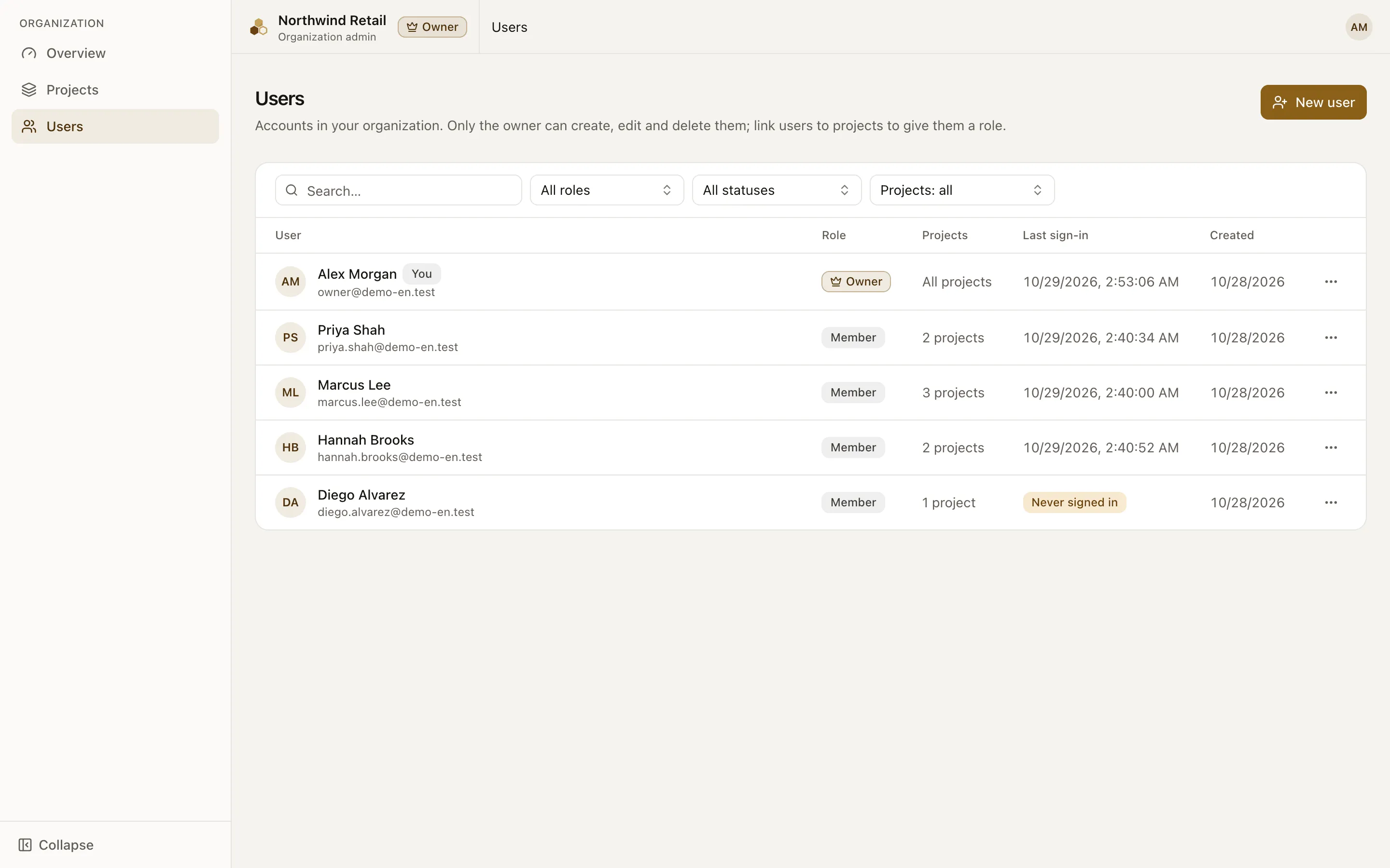 The user list with roles, project counts and last sign-in