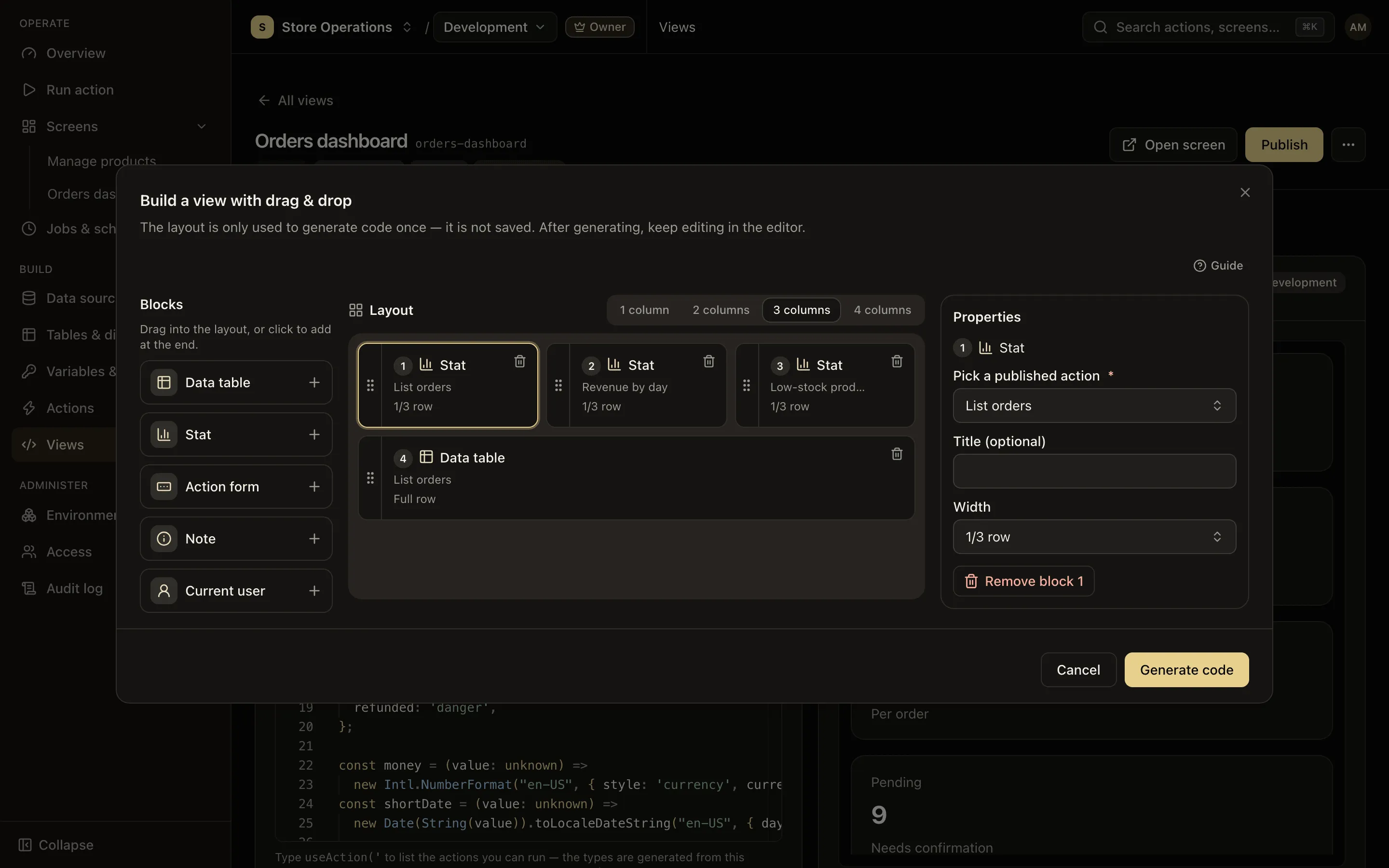 Build a view with drag & drop dialog: the Blocks column, the Layout grid and the Properties column