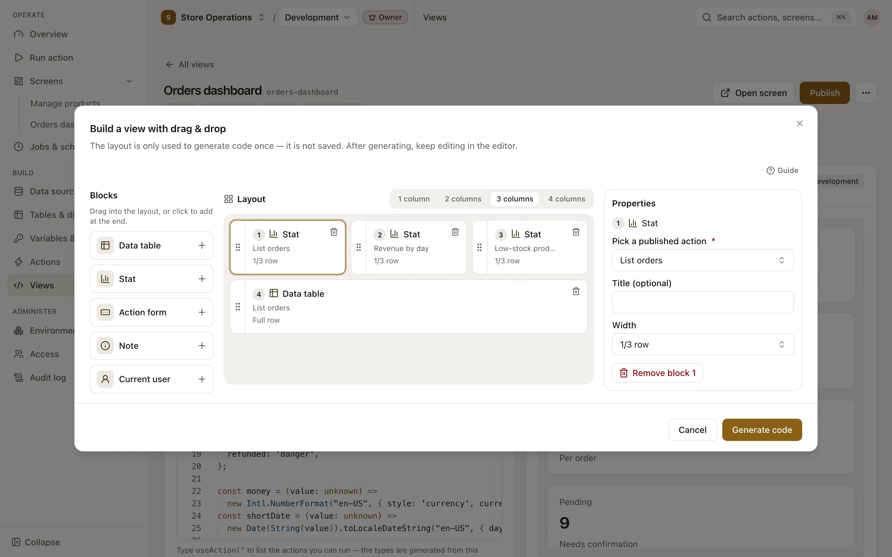 Build a view with drag & drop dialog: the Blocks column, the Layout grid and the Properties column