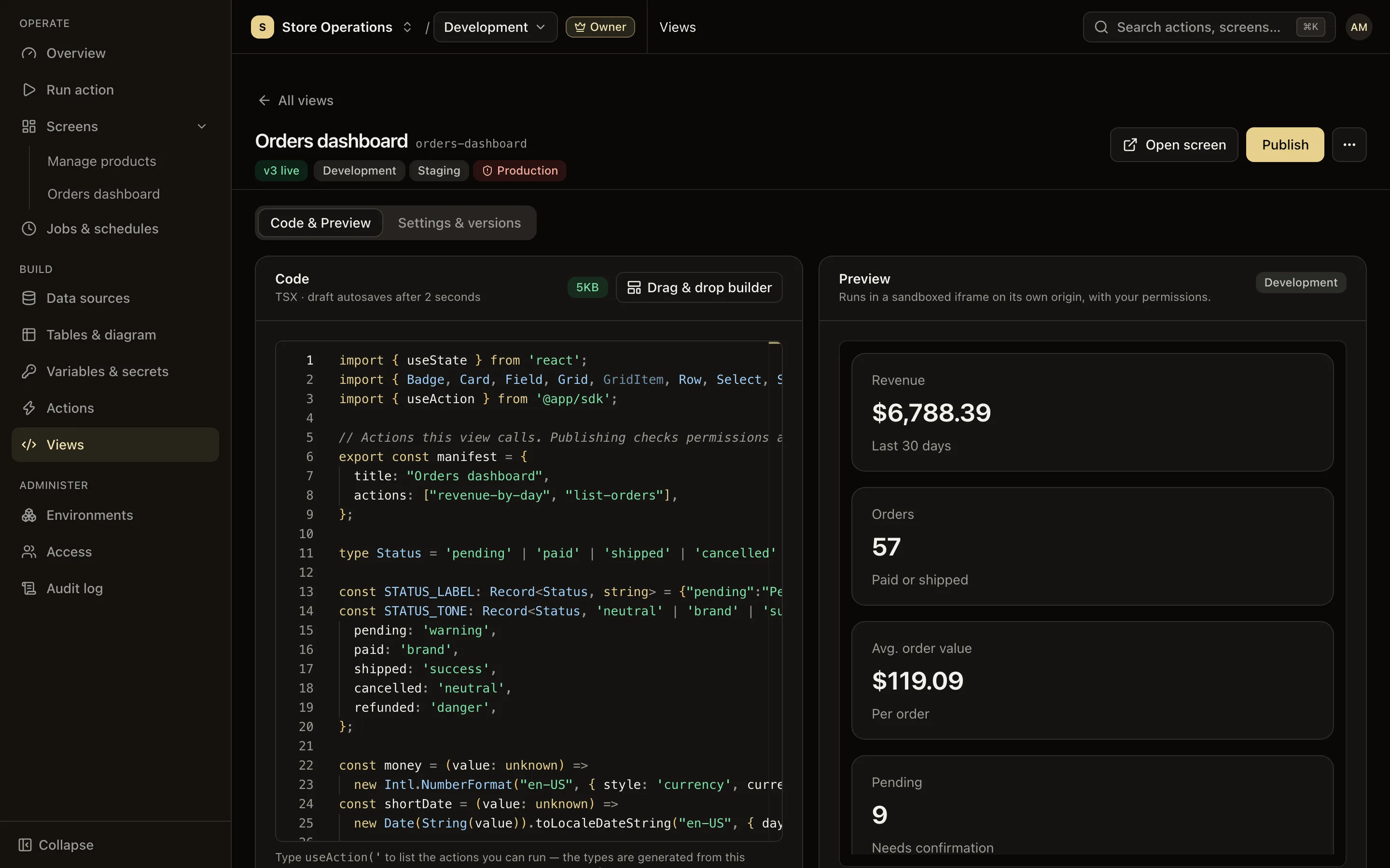 View page on the Code & Preview tab: the TSX editor on the left, the preview on the right
