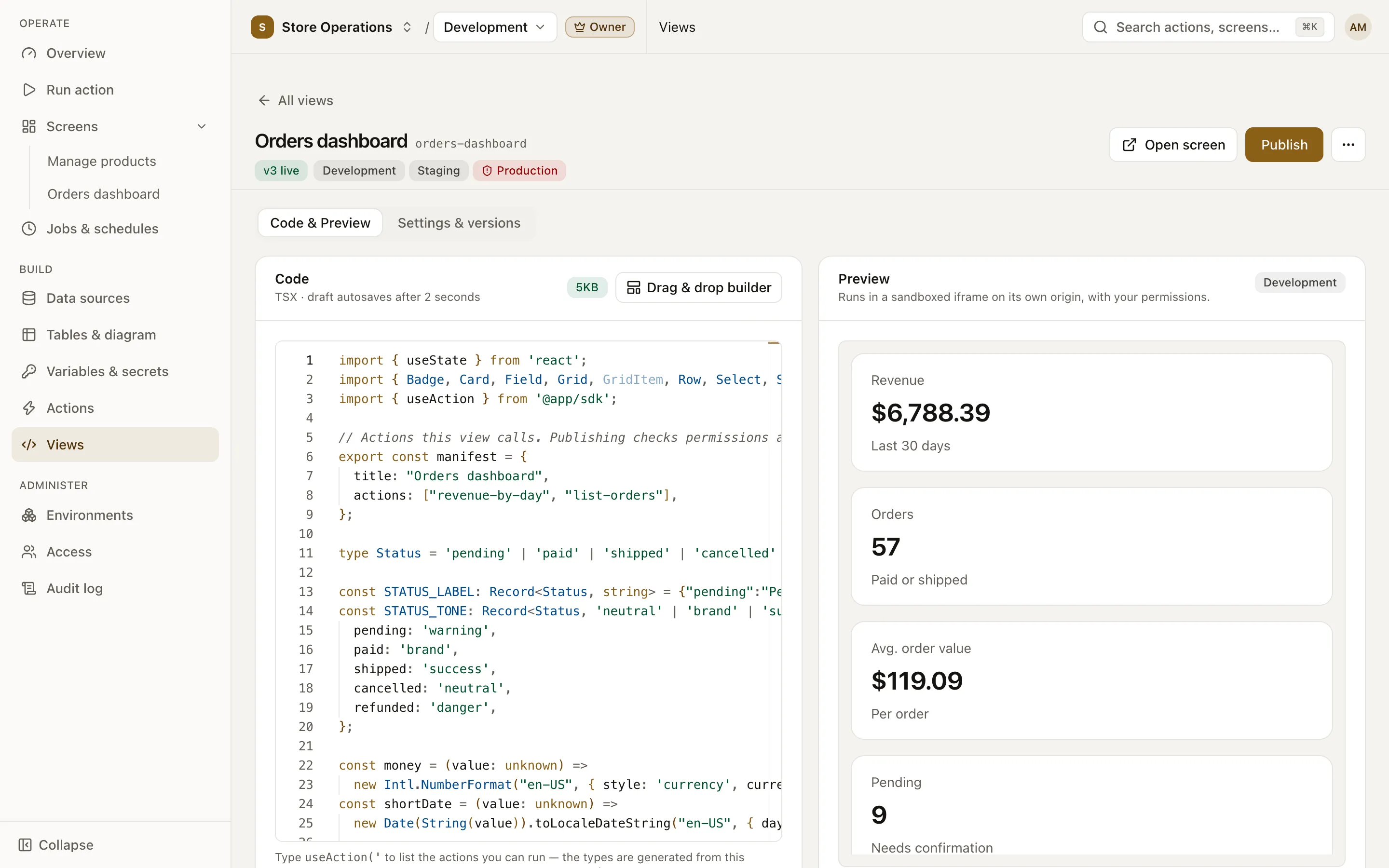 View page on the Code & Preview tab: the TSX editor on the left, the preview on the right